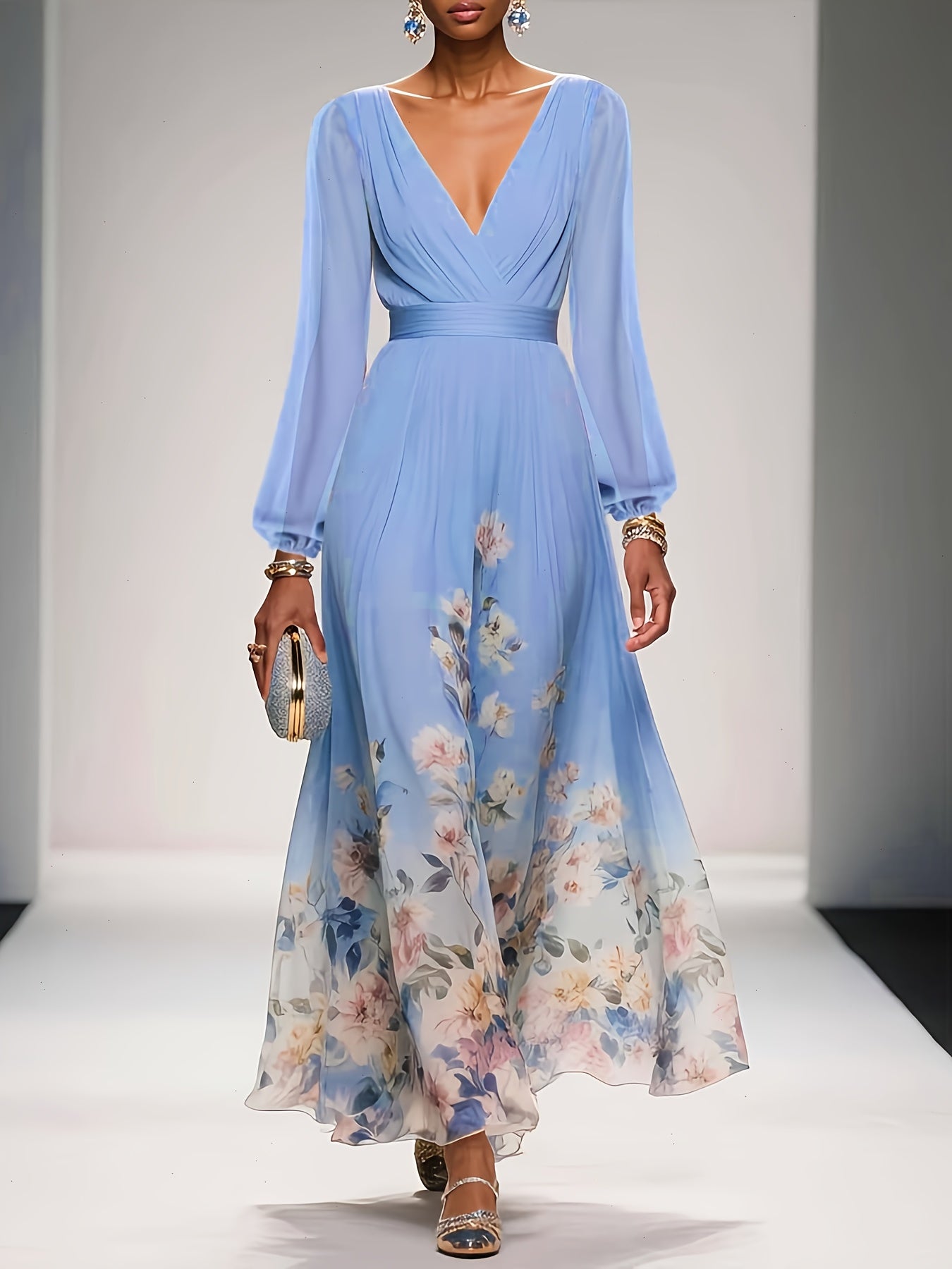 [Bohemian Floral Print Dress] Lightweight Flowy Bohemian Floral Print V-Neck Long Sleeve Dress - Machine Washable Soft Fabric for Spring Summer Fall Casual & Formal Events, Elegant Style