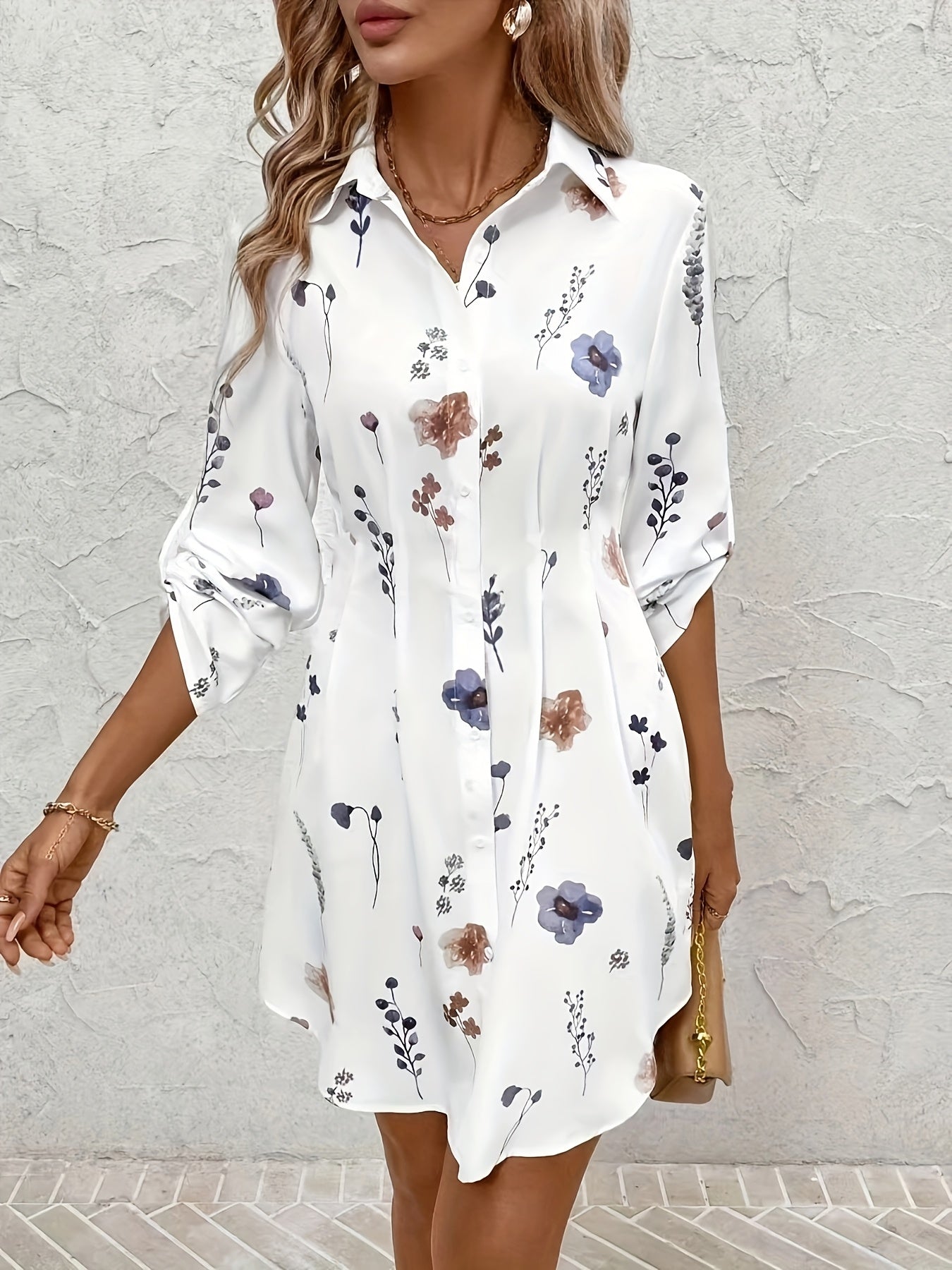 [Elegant Floral Dress] Lightweight Polyester Elegant Floral Print Blouse Dress for Women | Long Sleeve, Button-Up, Perfect for Spring & Fall, Casual to Formal Wear