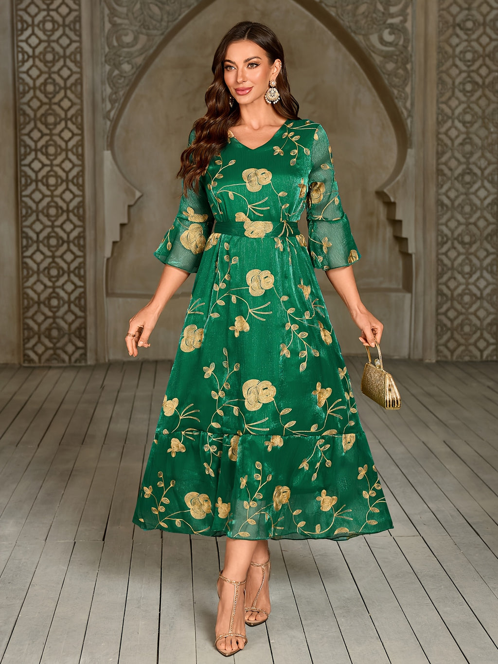 Elegant Green Floral Maxi Dress with Ruffle Sleeves and Belted Waist - V-Neck, Long Sleeve, Flowy A-Line Silhouette, Perfect for Spring/Summer/Fall, Adult Women'S Fashion, Floral Dress