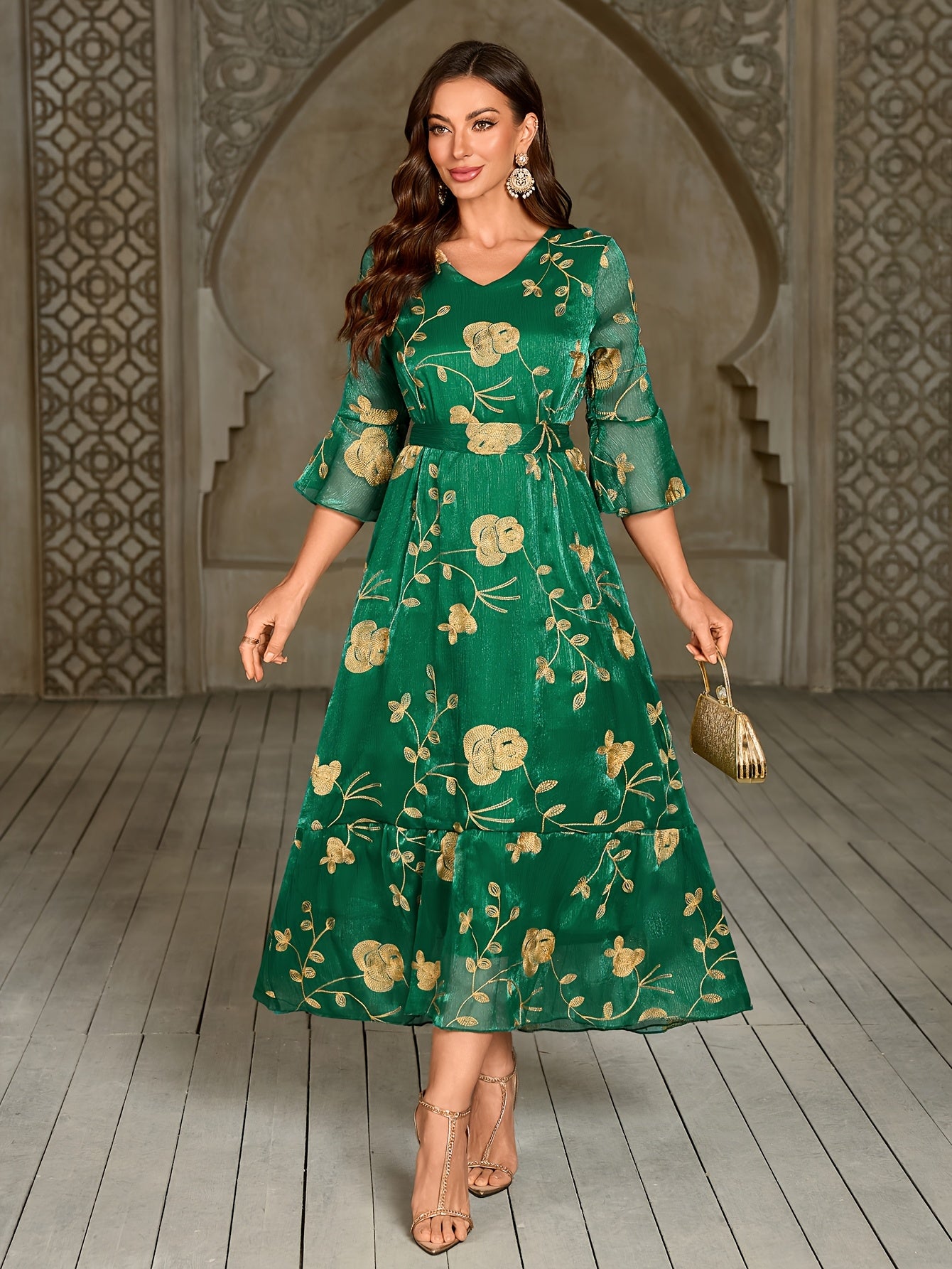 Elegant Green Floral Maxi Dress with Ruffle Sleeves and Belted Waist - V-Neck, Long Sleeve, Flowy A-Line Silhouette, Perfect for Spring/Summer/Fall, Adult Women'S Fashion, Floral Dress