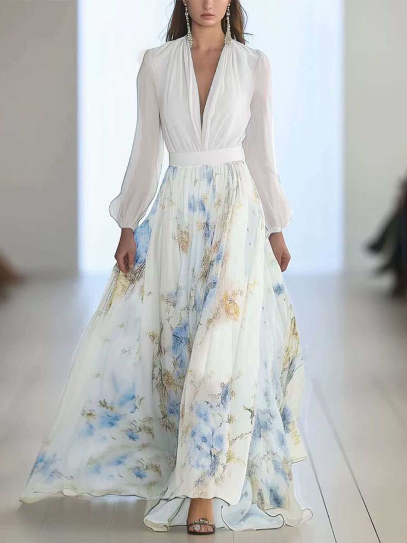 [Bohemian Floral Print Dress] Lightweight Flowy Bohemian Floral Print V-Neck Long Sleeve Dress - Machine Washable Soft Fabric for Spring Summer Fall Casual & Formal Events, Elegant Style