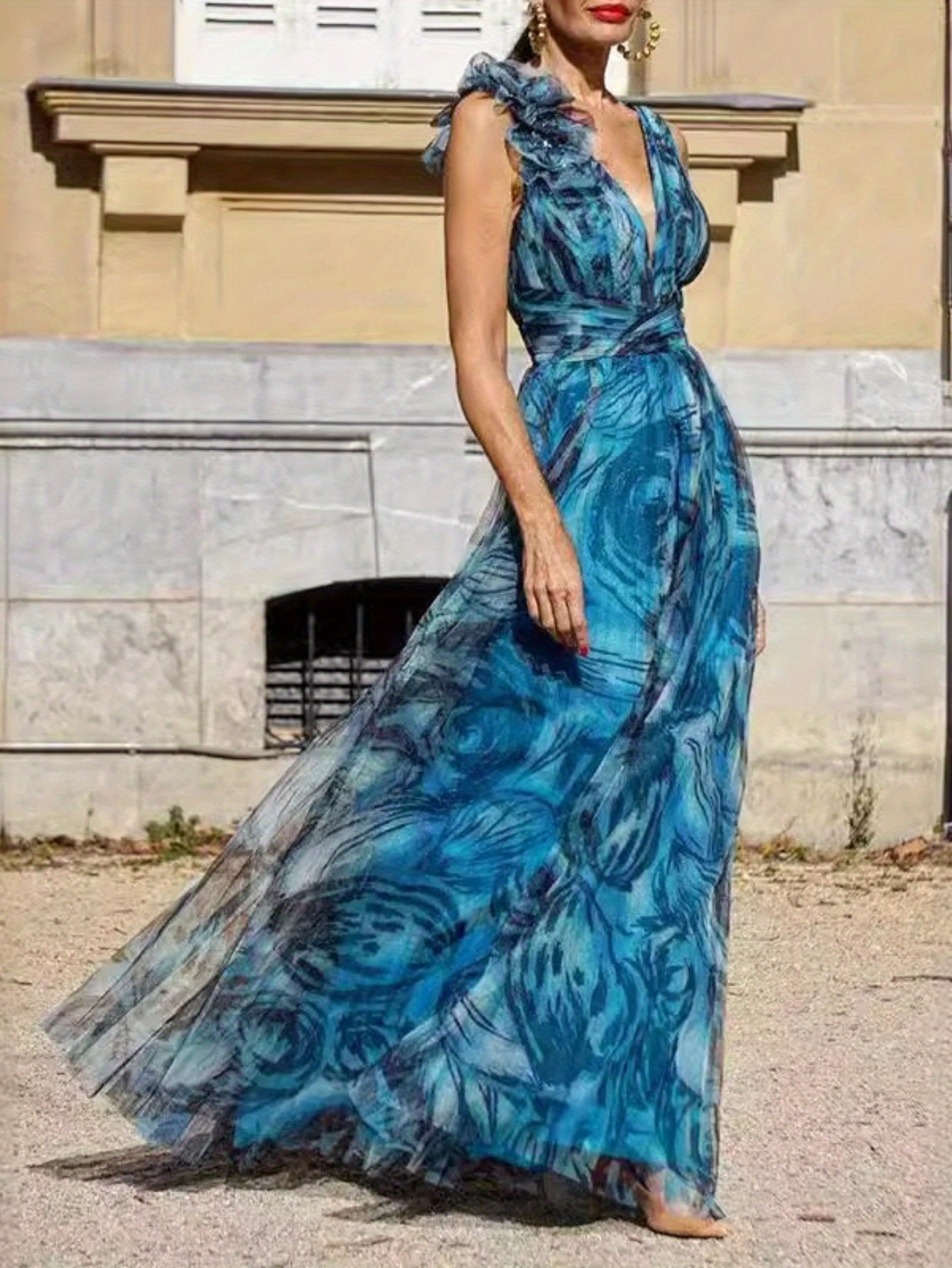 Women's V-neck Tulle Floral Maxi Dress Elegant Sleeveless Evening Dress Swing Skirt High-end Classic Sleeveless Women's Maxi Dress