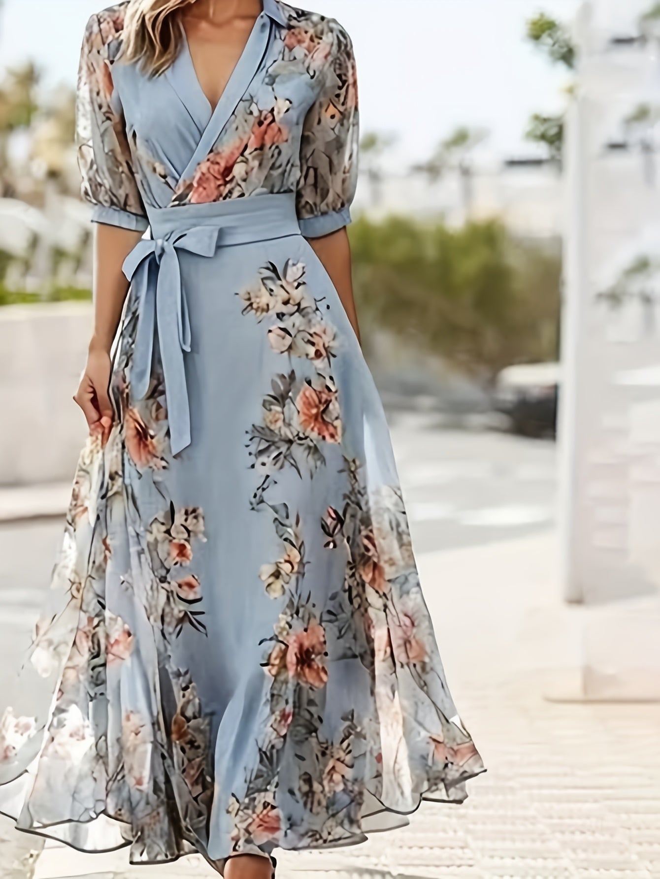 Elegant Off-the-Shoulder Maxi Dress for Women - V-Neckline, Ruffled Sleeves, Flowing A-Line Silhouette, Light Blue Floral Print, Perfect for Weddings and Formal Occasions, Wedding Dresses for Bride