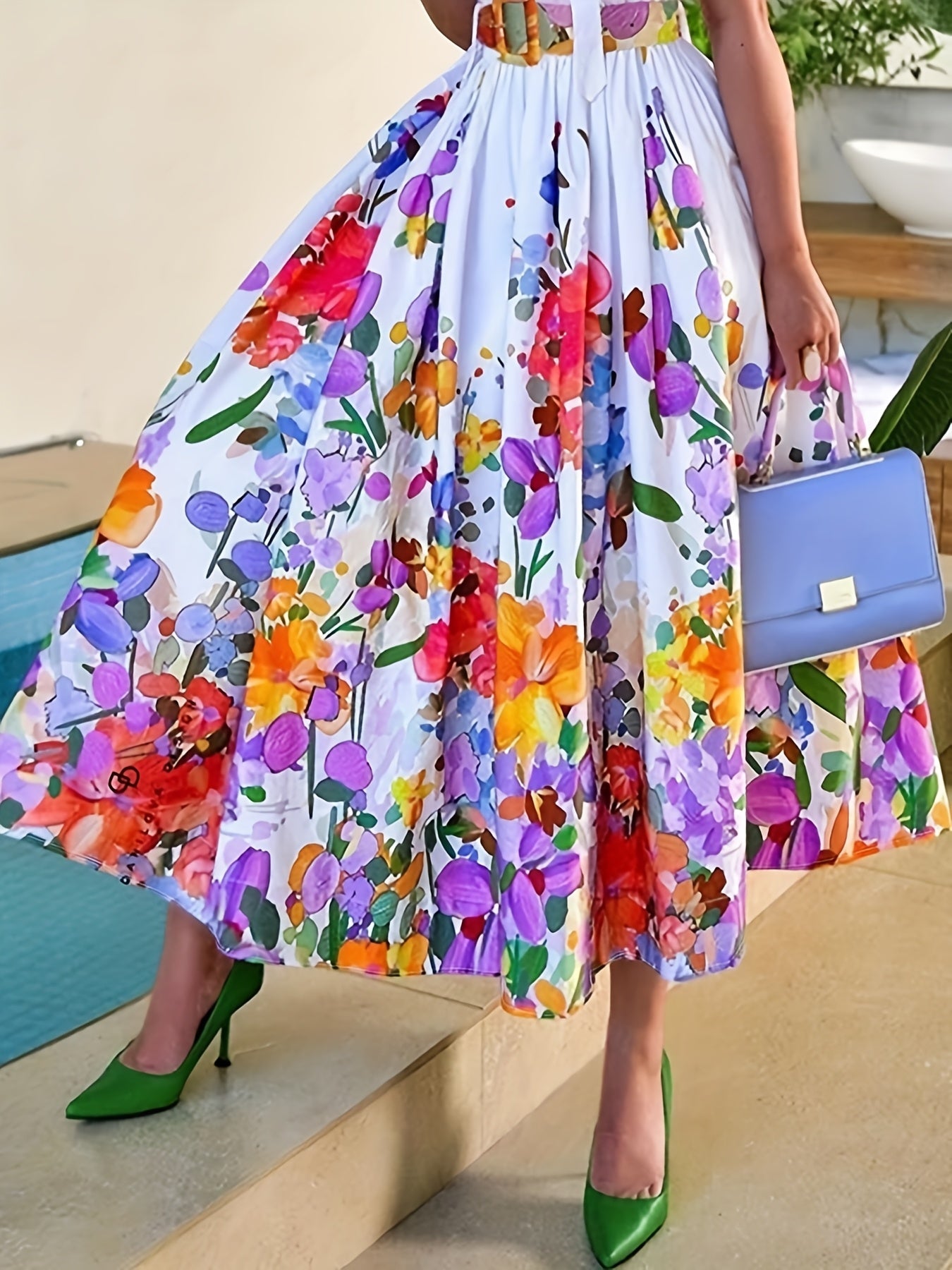 [Floral A-Line Dress] Elegant Floral Print A-Line Dress for Women | Button Front & Waist Belt, Vibrant Yellow, Purple, Orange, Green Floral Pattern, Short Sleeve, Knee-Length, Perfect for Spring/Summer