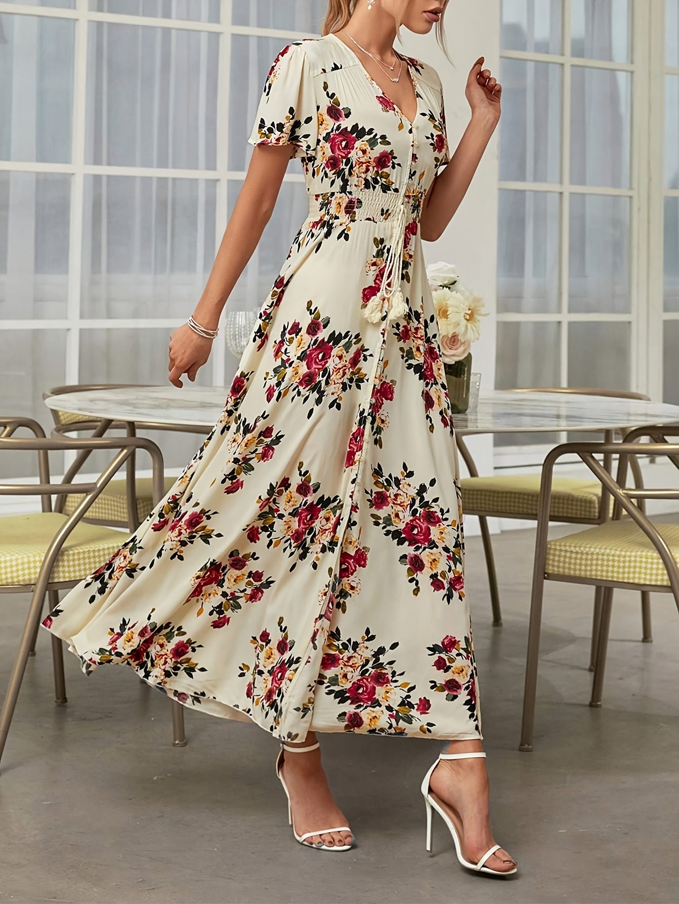 Bohemian Floral Print Maxi Dress for Women - Elegant V-Neck, Short Sleeve, A-Line Silhouette, Lightweight Viscose, Perfect for Spring & Summer Casual Wear, Floral Maxi Dress