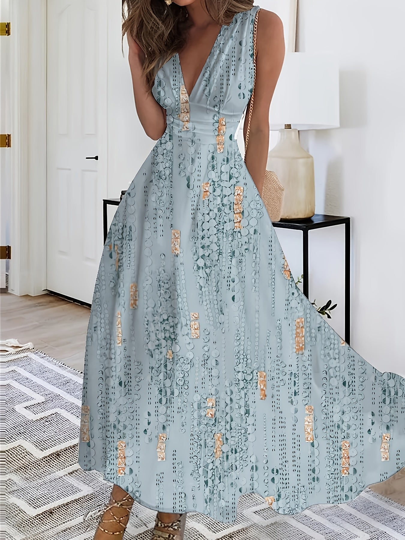 [Elegant Dress] Elegant V-Neck Sleeveless A-Line Dress | Women's Floral Print Semi-Sheer Lightweight Fabric, Breathable & Versatile for All Seasons, Casual to Formal Occasions, Allseason Attire, Medium Elasticity Fabric
