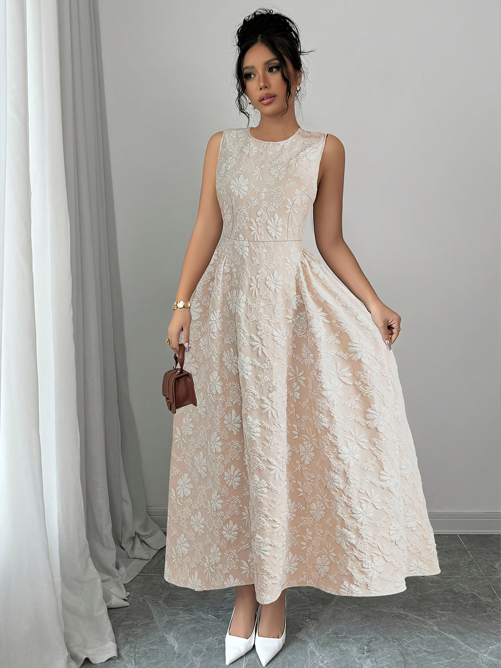 Women's Elegant Floral Print A-Line Dress with Slim-Fit Waist & Short Sleeves - Round Neck Machine-Washable Lightweight Spring/Summer Dress for Casual to Formal Occasions, Evening Wear, Jacquard Technique, Breathable Fabric, Summer Wardrobe