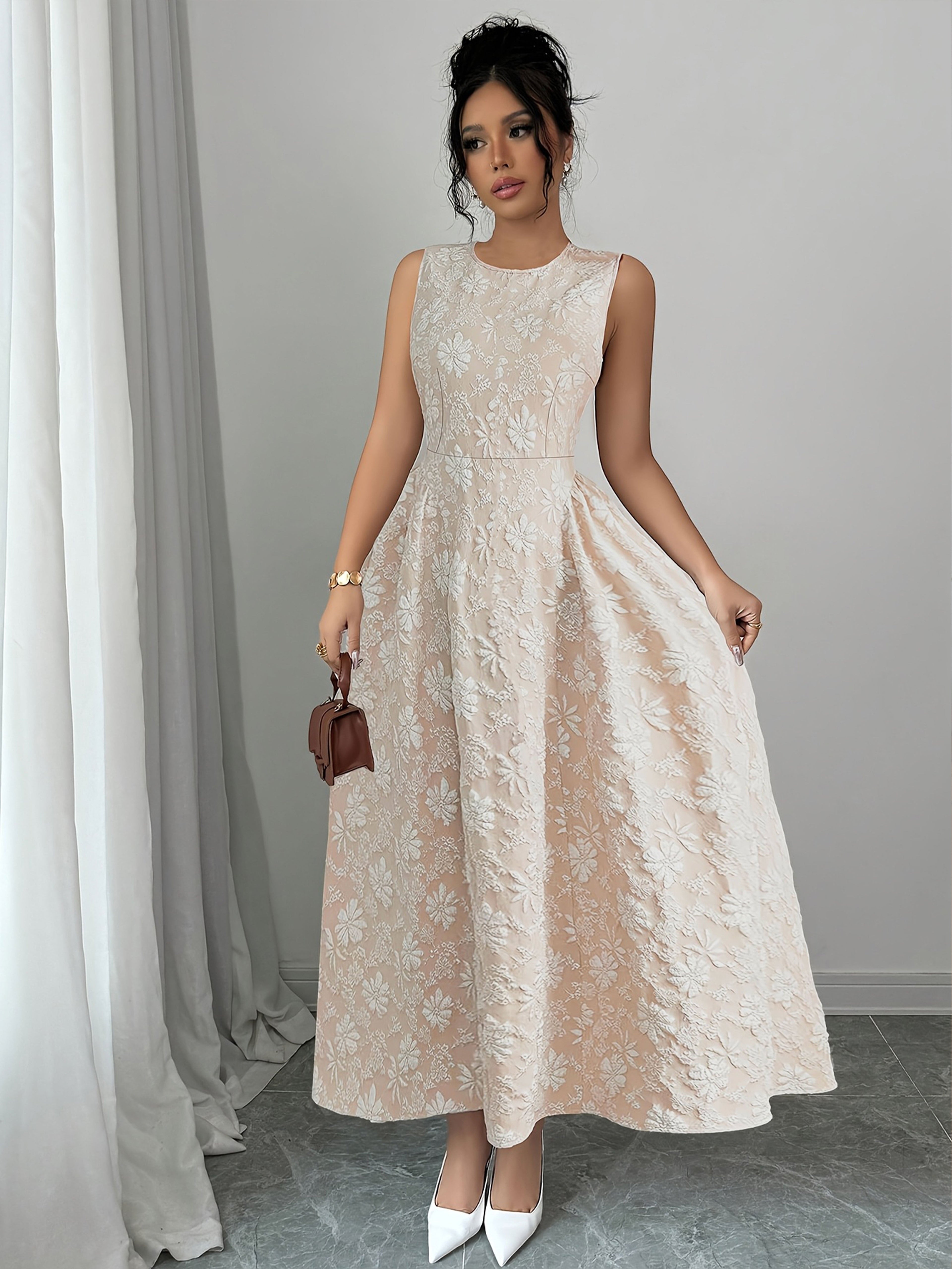 Women's Elegant Floral Print A-Line Dress with Slim-Fit Waist & Short Sleeves - Round Neck Machine-Washable Lightweight Spring/Summer Dress for Casual to Formal Occasions, Evening Wear, Jacquard Technique, Breathable Fabric, Summer Wardrobe