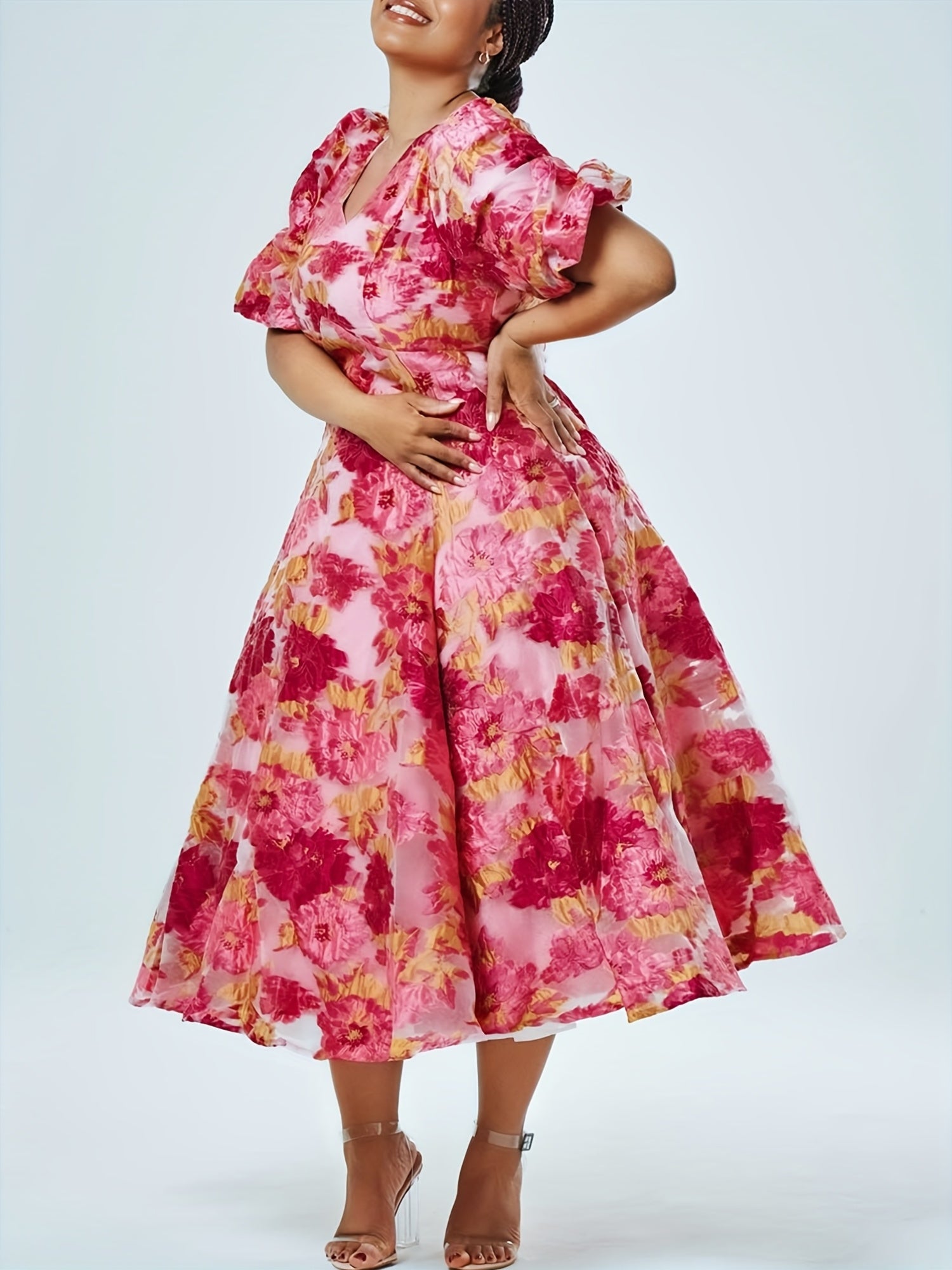 GLOURI Luxury Pink Floral Organza Jacquard Midi Dress - Romantic V-Neck Puff Short Sleeve Gown with A-Line Hem & Lining, Wedding Guest Dress for Garden Parties/Spring Galas (Opulent Floral Pattern), Floral Dress, Spring Gala Attire, Sophisticated
