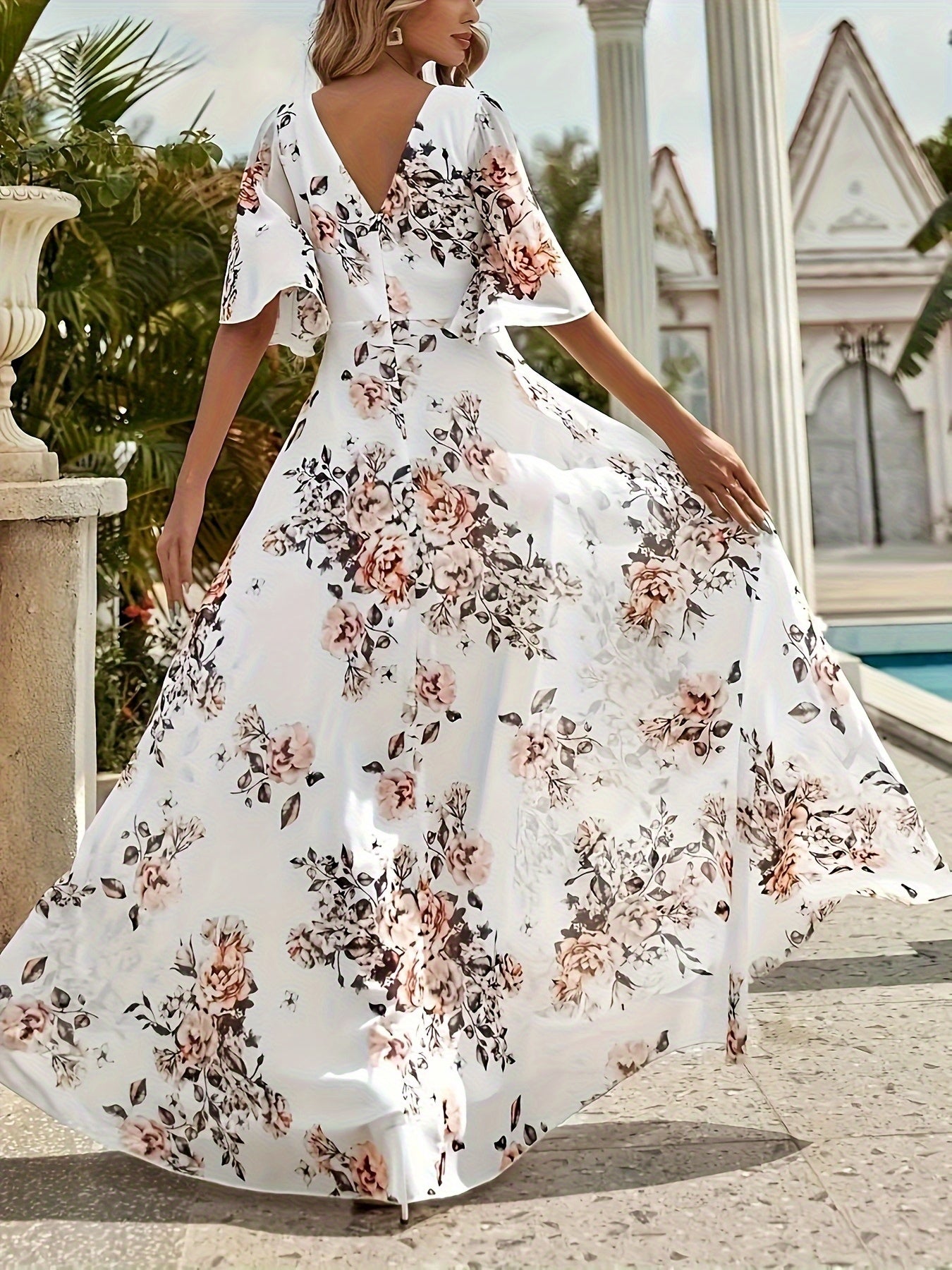 Women's Elegant Floral Print V-Neck Short Sleeve A-Line Dress - Lightweight Breathable Fabric for Spring/Summer, Versatile for Valentine's Day, Easter, Daily Gatherings & Travel, Spring Summer Fashion, Highquality Textile