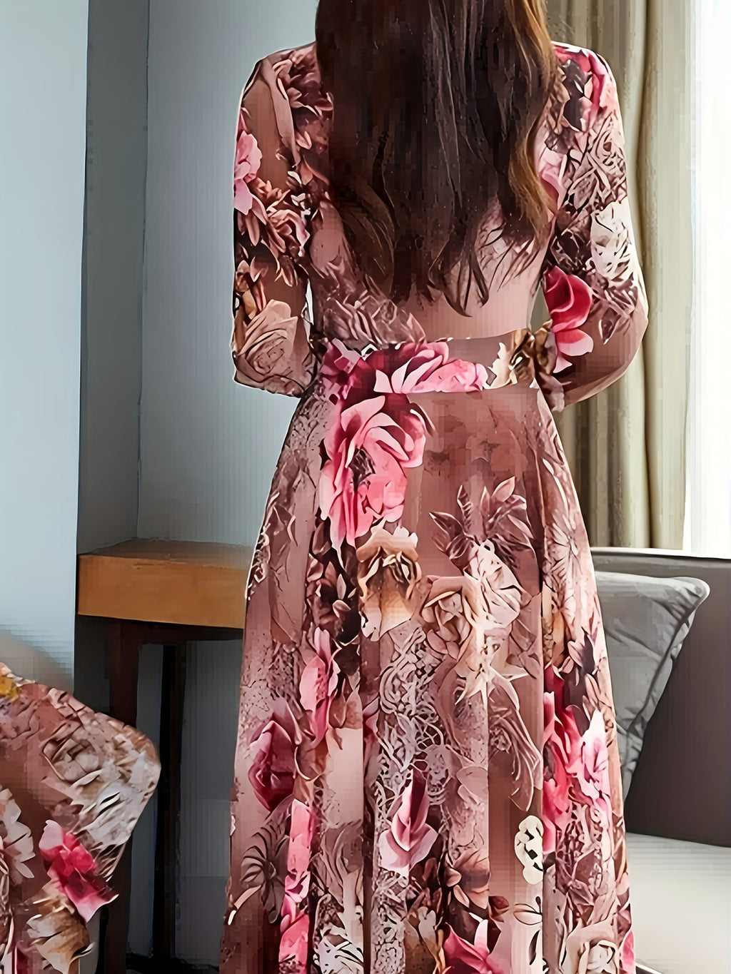 [Floral V-Neck Dress] Floral Print V-Neck A-Line Dress | Elastic Waist & Zipper Back, Machine Washable, All-Season Casual to Formal Wear