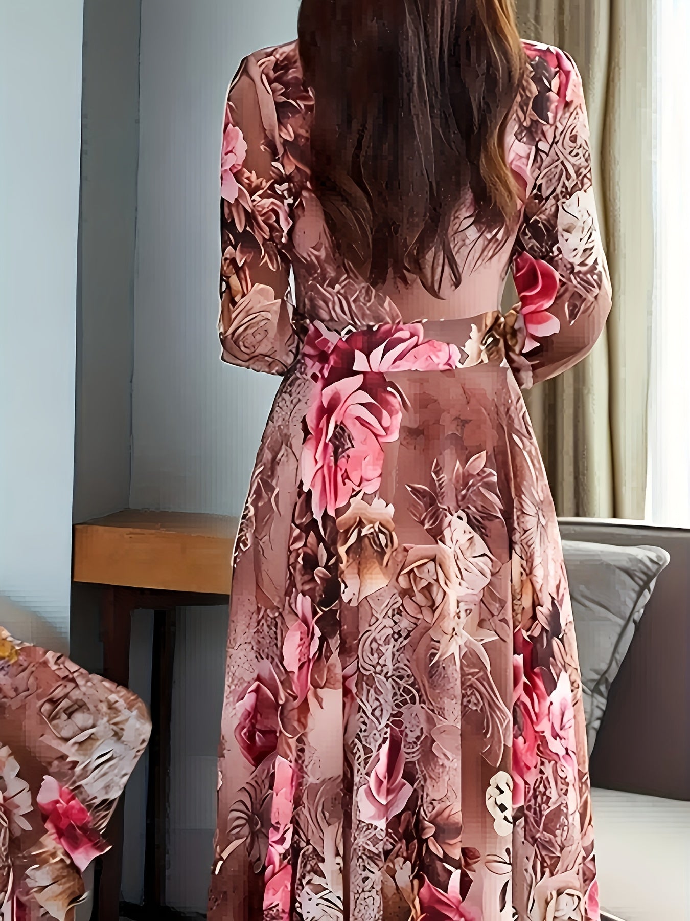 [Floral V-Neck Dress] Floral Print V-Neck A-Line Dress | Elastic Waist & Zipper Back, Machine Washable, All-Season Casual to Formal Wear