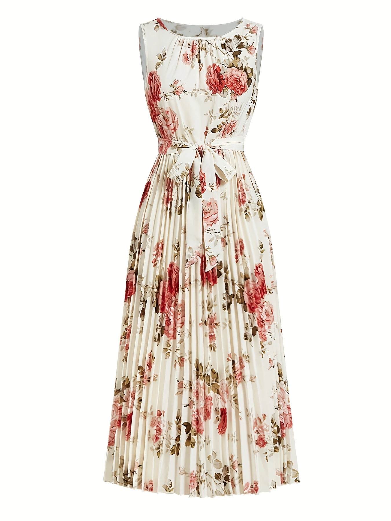 Women'S Floral Print Sleeveless Dress with Ruched Detail - Perfect for Spring/Summer, Casual to Semi-Formal Occasions, Casual Dress|Floral Print Dress|Ruched Detailing, Floral Dress