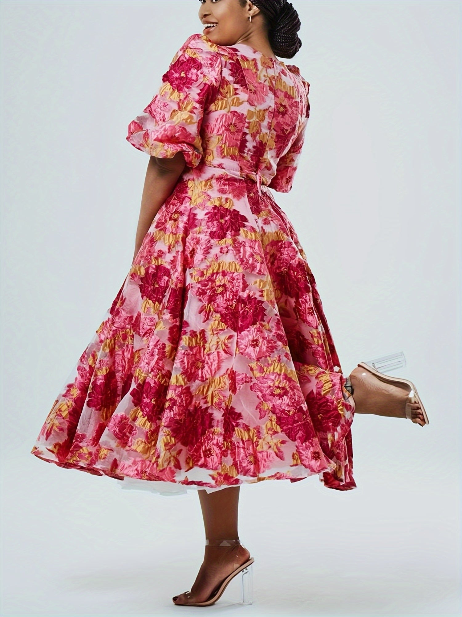 GLOURI Luxury Pink Floral Organza Jacquard Midi Dress - Romantic V-Neck Puff Short Sleeve Gown with A-Line Hem & Lining, Wedding Guest Dress for Garden Parties/Spring Galas (Opulent Floral Pattern), Floral Dress, Spring Gala Attire, Sophisticated