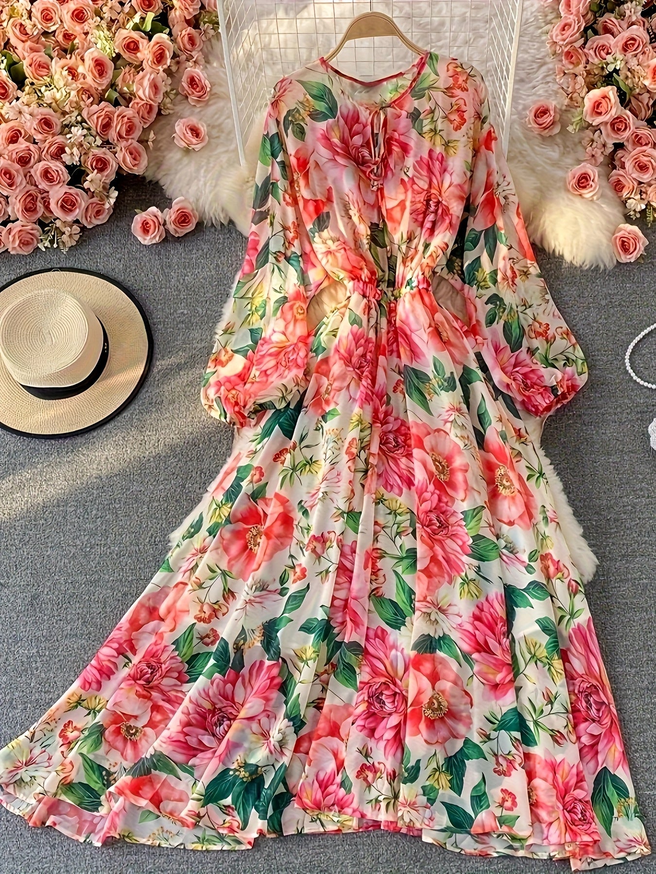 Women'S Floral Print Long Sleeve Chiffon Dress with Puff Sleeves & Ruffled Neckline - Casual A-Line Midi Dress for Spring/Summer, Machine Washable, Allseason Attire, Spring Summer Fashion, Comfortable Fit