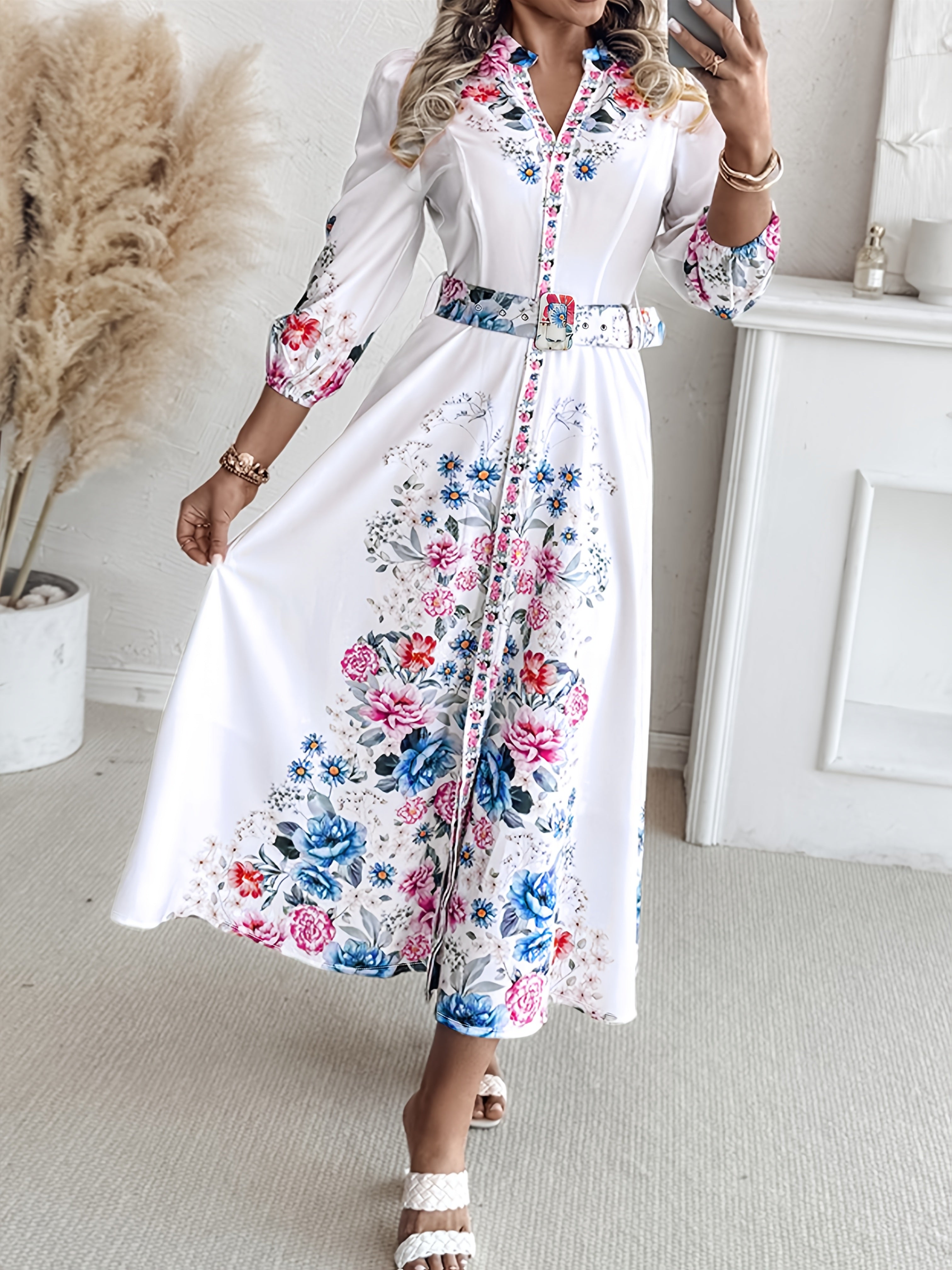 Women's Floral Print maxi Dress - Elegant Long Formal & Casual Dresses with Floral Belt, Flared Skirt, Non-Stretchy Fabric, Machine Washable Women's Clothing for Parties, Office, Everyday Outfits, Cute Dresses, Party Attire, Fitted Design