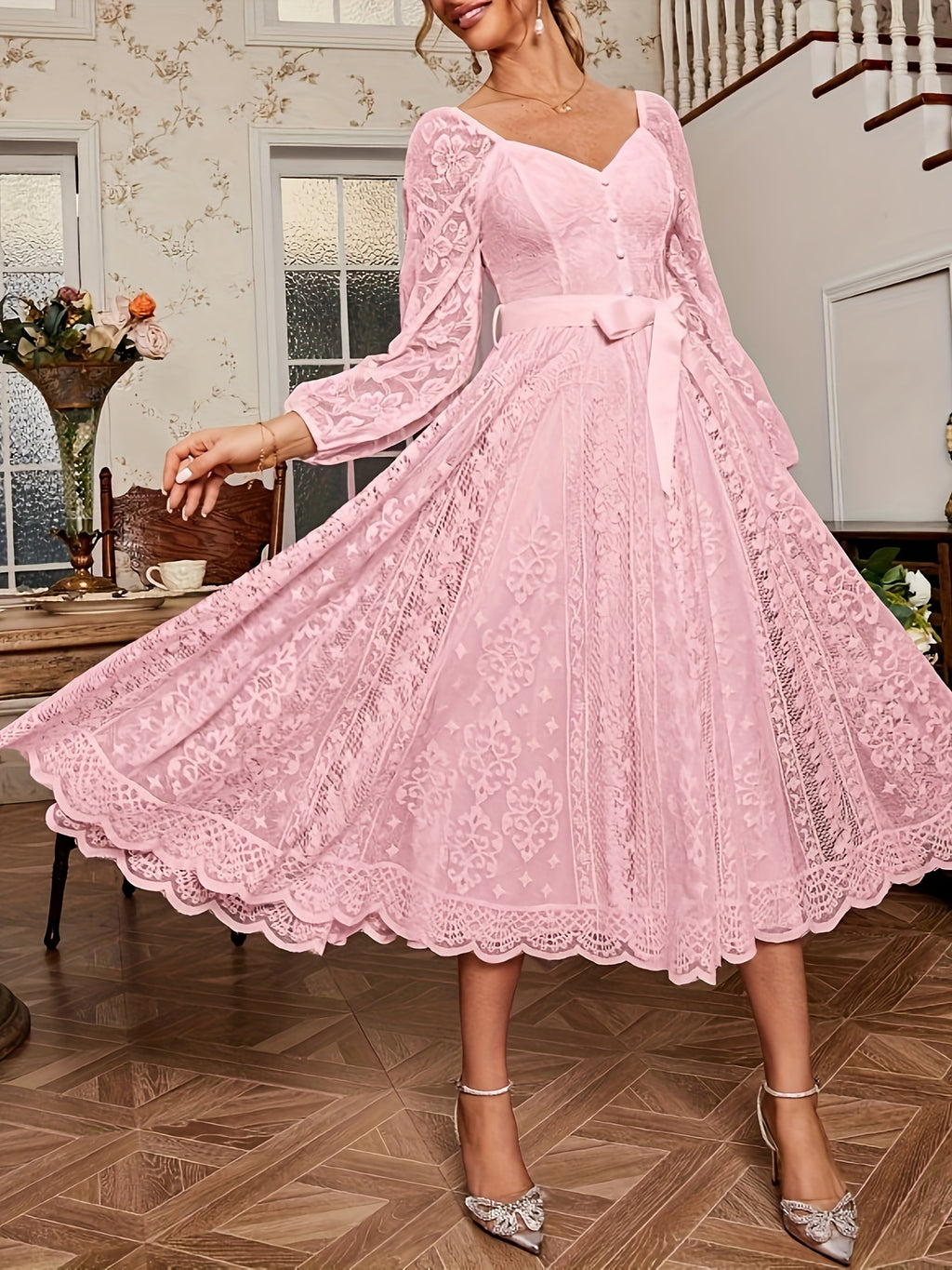 [Elegant Dress] Elegant Lace Sleeve Belted Dress | Women's Fitted Solid Color Machine Washable All-Season Versatile for Casual & Formal Occasions, Wedding Guest Attire, Sophisticated Detailing