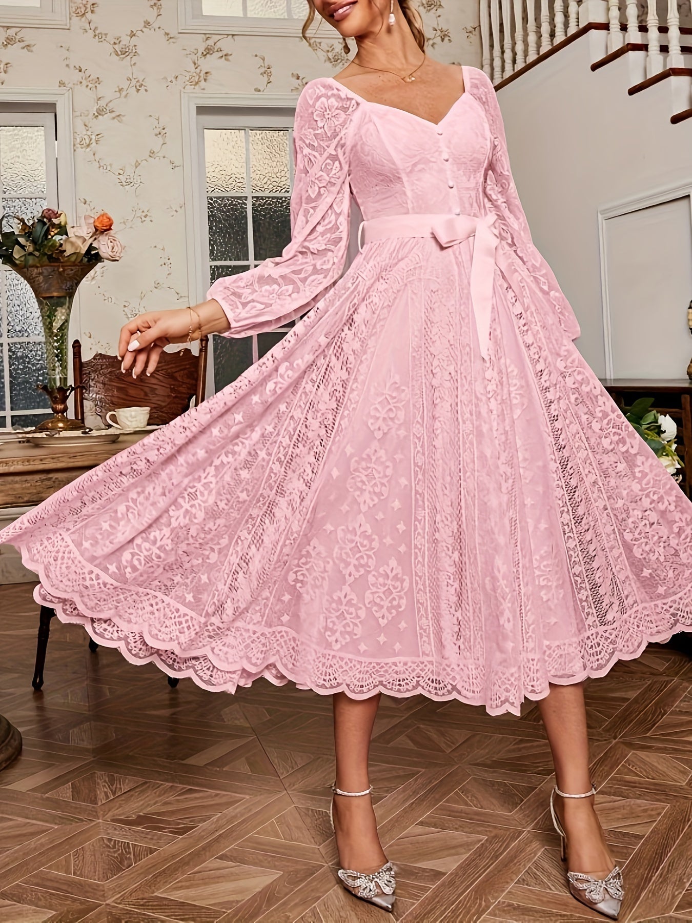 [Elegant Dress] Elegant Lace Sleeve Belted Dress | Women's Fitted Solid Color Machine Washable All-Season Versatile for Casual & Formal Occasions, Wedding Guest Attire, Sophisticated Detailing