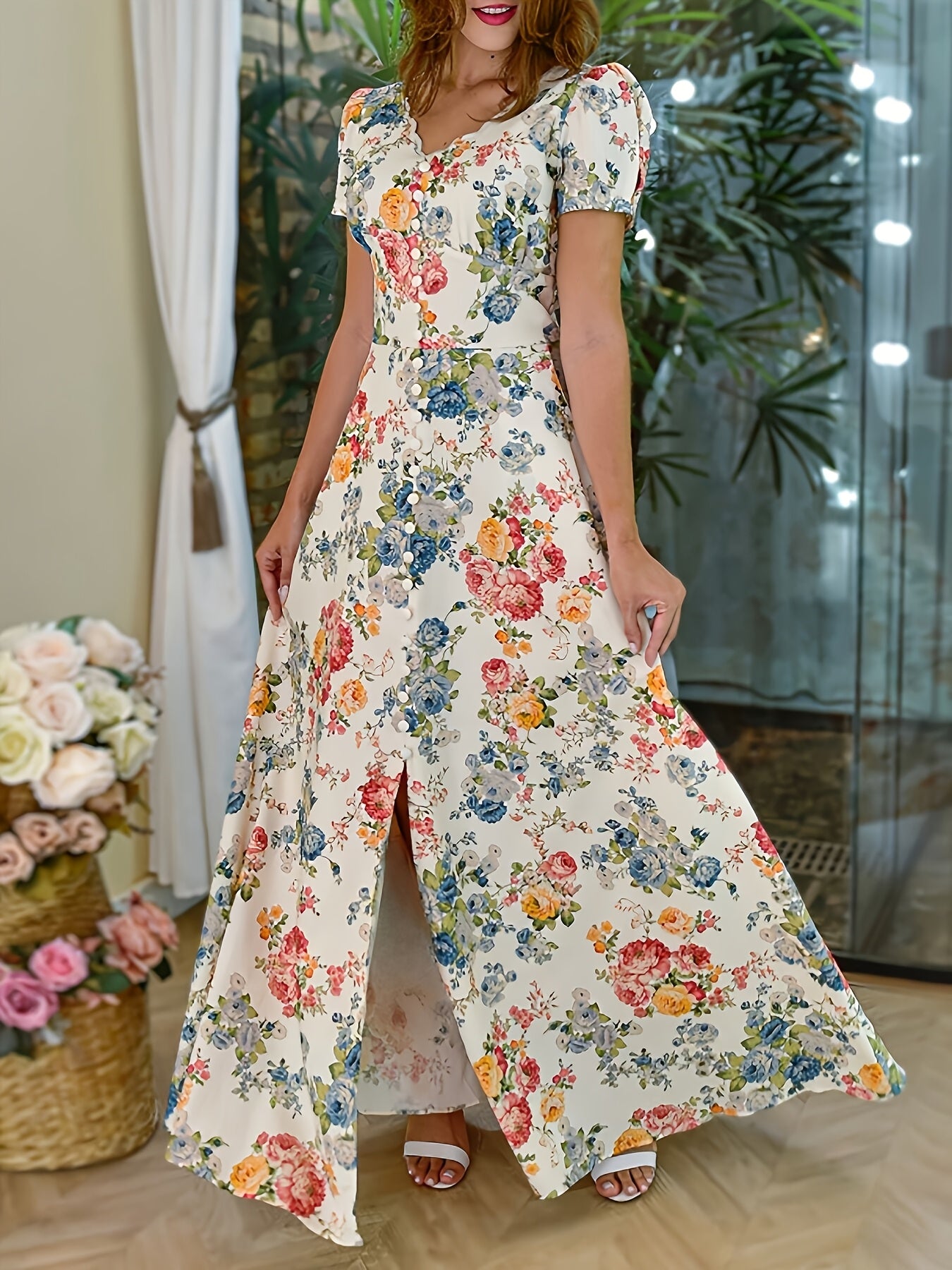 Vibrant Floral V-Neck Maxi Dress with Bubble Sleeves and Cinched Waist - A-Line Silhouette, White Base with Multicolor Flower Print, Casual Style for Women, Perfect for Spring and Summer, Everyday Fashion | Vneck Design | Quality Fabric