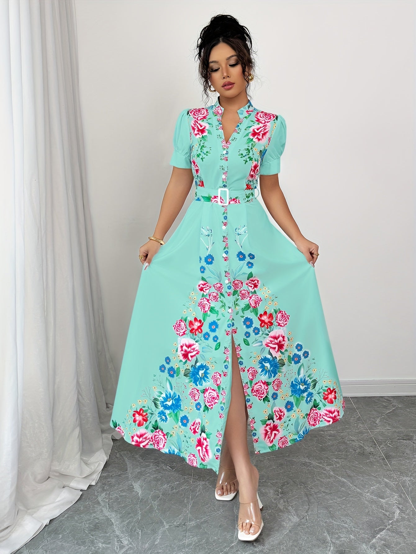[Elegant Maxi Dress] Vibrant Pink Elegant Women's Maxi Dress | Casual V-Neck, Short Sleeve, A-Line Silhouette with Belt Detail, Multicolor Flower Design, Perfect for Spring/Summer