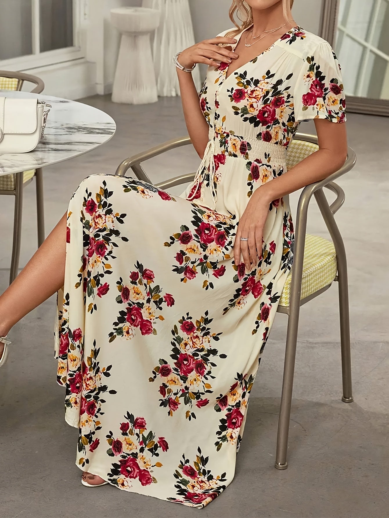 Bohemian Floral Print Maxi Dress for Women - Elegant V-Neck, Short Sleeve, A-Line Silhouette, Lightweight Viscose, Perfect for Spring & Summer Casual Wear, Floral Maxi Dress