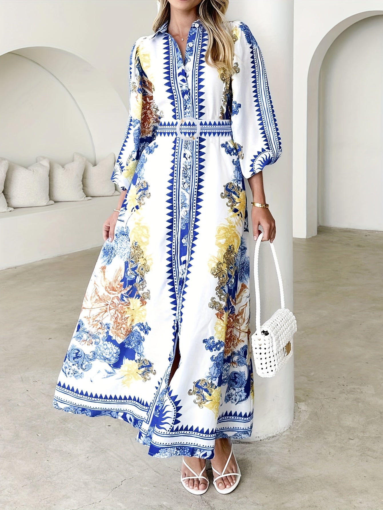Women'S Casual Floral Print Long Sleeve Dress with Lapel Collar and Belt, Polyester A-Line Maxi Dress, Woven Fabric, for Spring/Fall