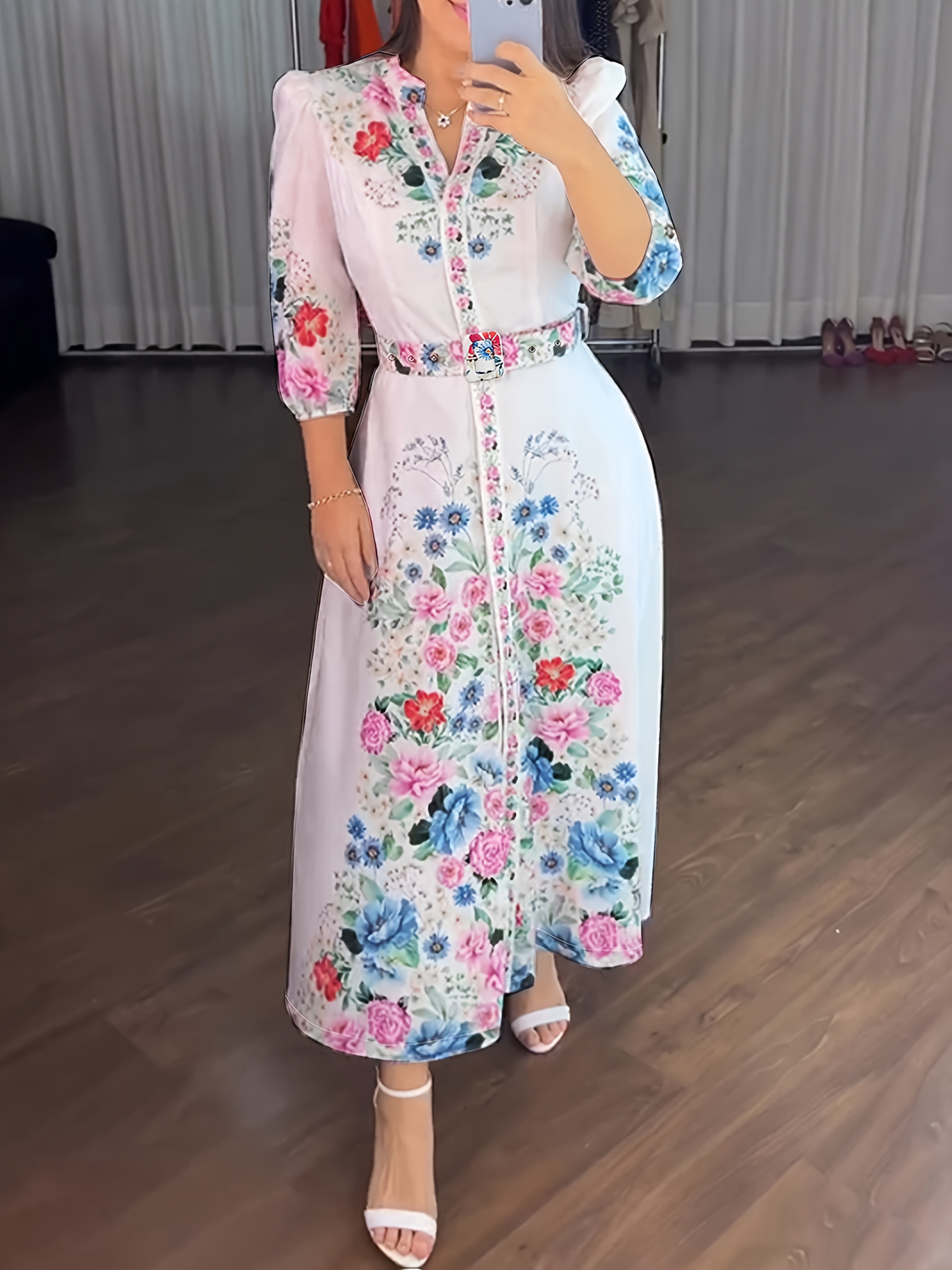 Women's Floral Print maxi Dress - Elegant Long Formal & Casual Dresses with Floral Belt, Flared Skirt, Non-Stretchy Fabric, Machine Washable Women's Clothing for Parties, Office, Everyday Outfits, Cute Dresses, Party Attire, Fitted Design