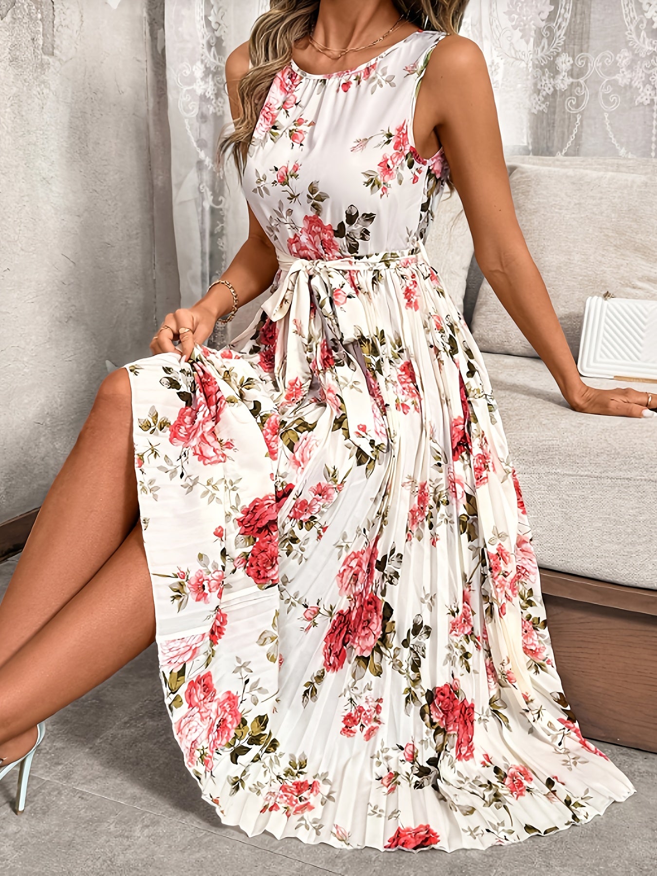 Women'S Floral Print Sleeveless Dress with Ruched Detail - Perfect for Spring/Summer, Casual to Semi-Formal Occasions, Casual Dress|Floral Print Dress|Ruched Detailing, Floral Dress
