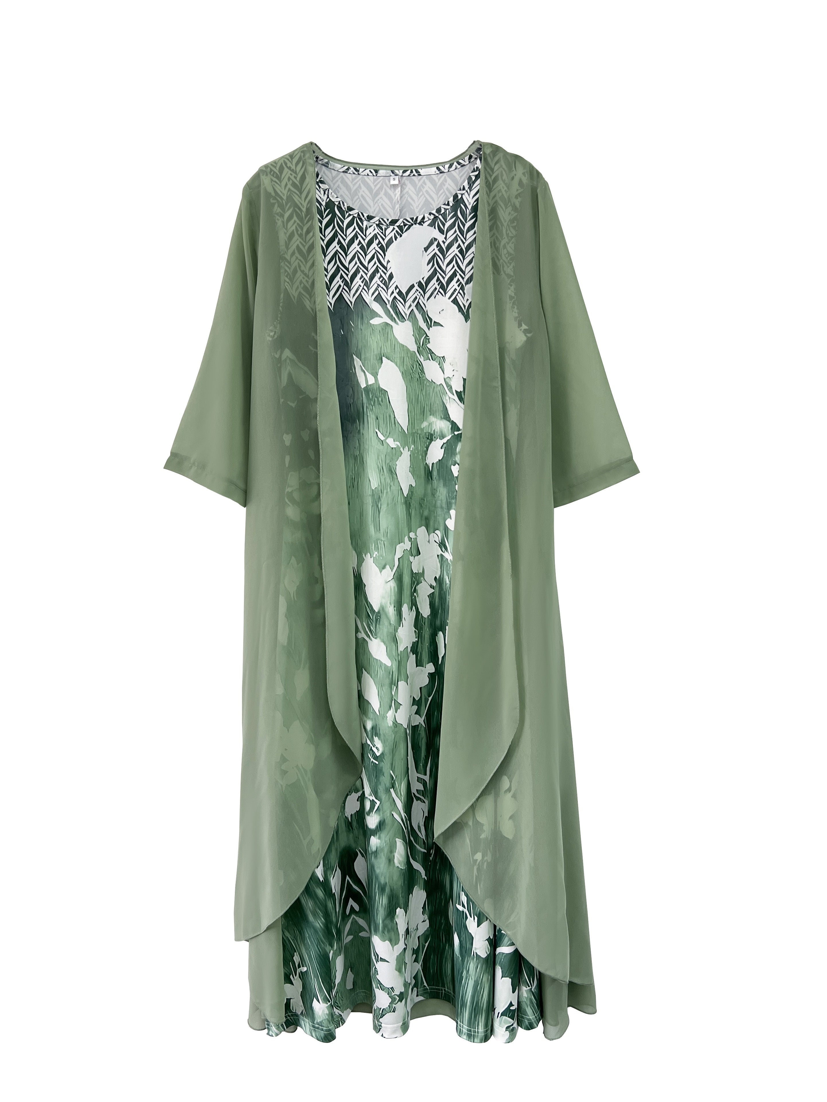 Women'S Elegant Floral Print Dress Set, Spring 2024 Collection, Polyester 95% Elastane 5% Knit Fabric, Crew Neck, All Season Wear, 190gsm & 88.5gsm Textured Weave