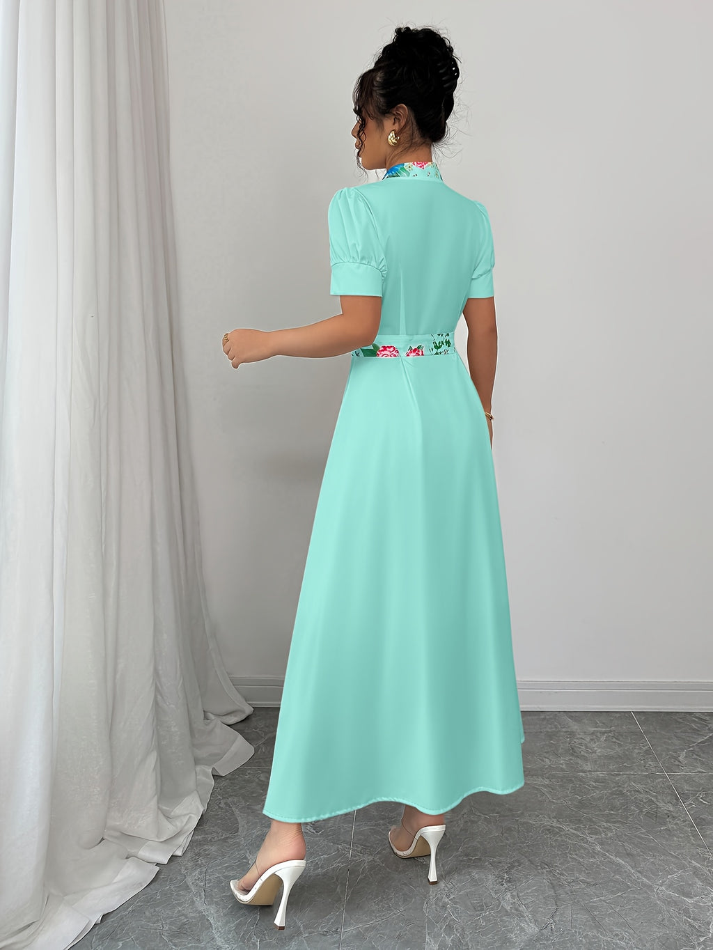 [Elegant Maxi Dress] Vibrant Pink Elegant Women's Maxi Dress | Casual V-Neck, Short Sleeve, A-Line Silhouette with Belt Detail, Multicolor Flower Design, Perfect for Spring/Summer