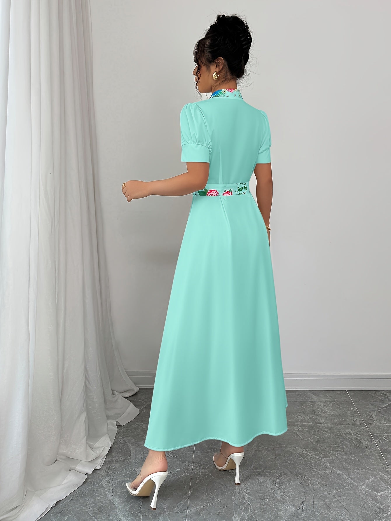 [Elegant Maxi Dress] Vibrant Pink Elegant Women's Maxi Dress | Casual V-Neck, Short Sleeve, A-Line Silhouette with Belt Detail, Multicolor Flower Design, Perfect for Spring/Summer