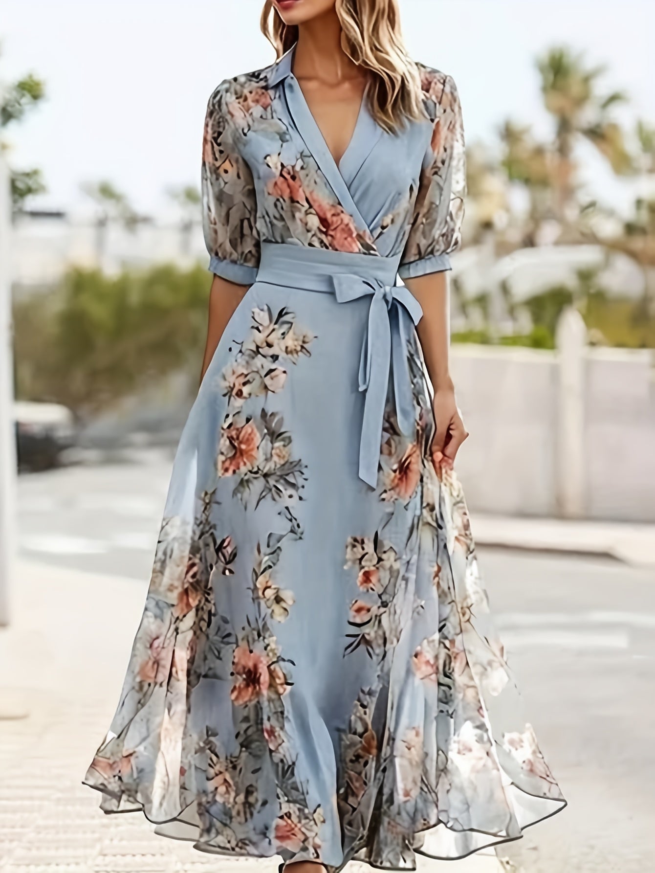 Elegant Off-the-Shoulder Maxi Dress for Women - V-Neckline, Ruffled Sleeves, Flowing A-Line Silhouette, Light Blue Floral Print, Perfect for Weddings and Formal Occasions, Wedding Dresses for Bride