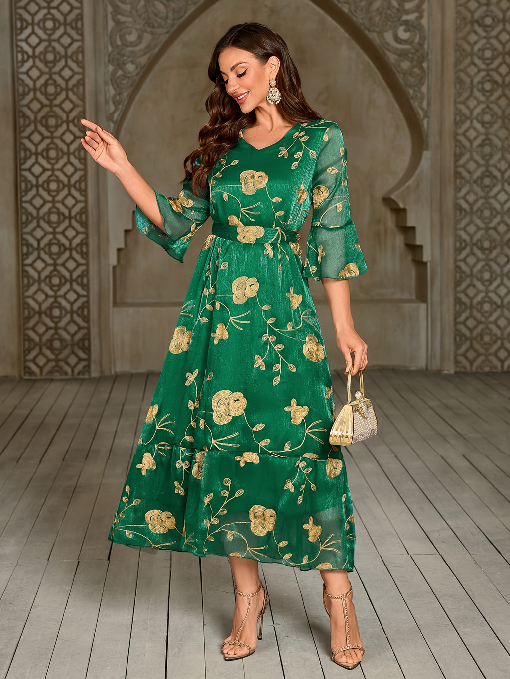 Elegant Green Floral Maxi Dress with Ruffle Sleeves and Belted Waist - V-Neck, Long Sleeve, Flowy A-Line Silhouette, Perfect for Spring/Summer/Fall, Adult Women'S Fashion, Floral Dress