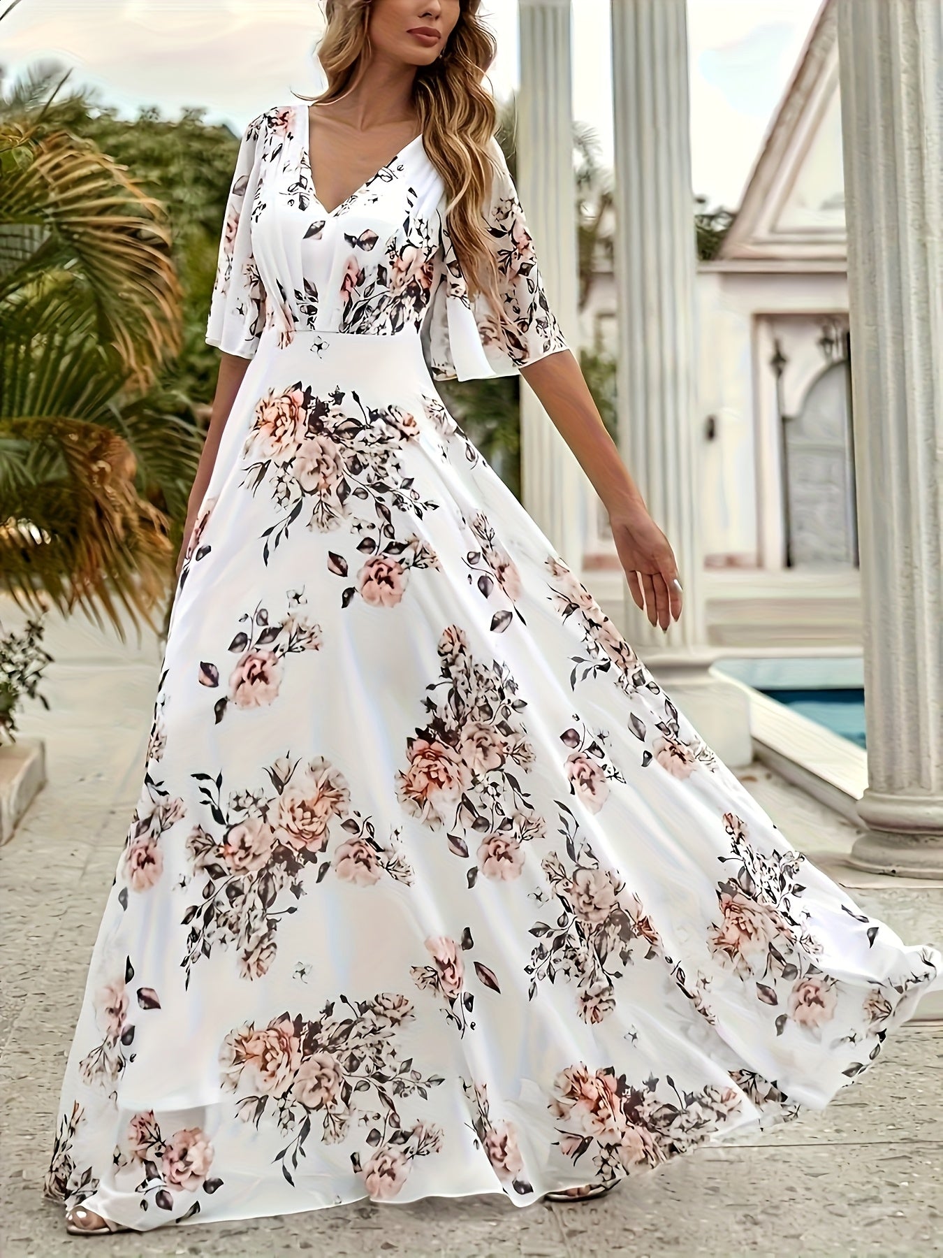 Women's Elegant Floral Print V-Neck Short Sleeve A-Line Dress - Lightweight Breathable Fabric for Spring/Summer, Versatile for Valentine's Day, Easter, Daily Gatherings & Travel, Spring Summer Fashion, Highquality Textile