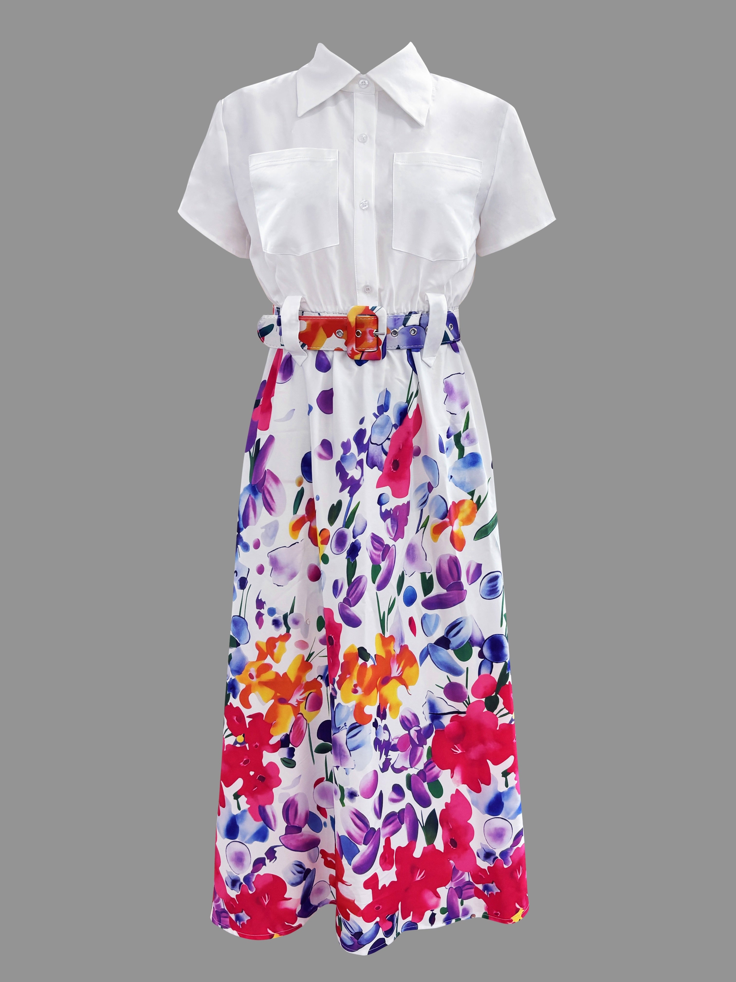 Short Sleeve Floral Print A-line Dress, Casual Button Front Dress For Spring & Summer, Women's Clothing