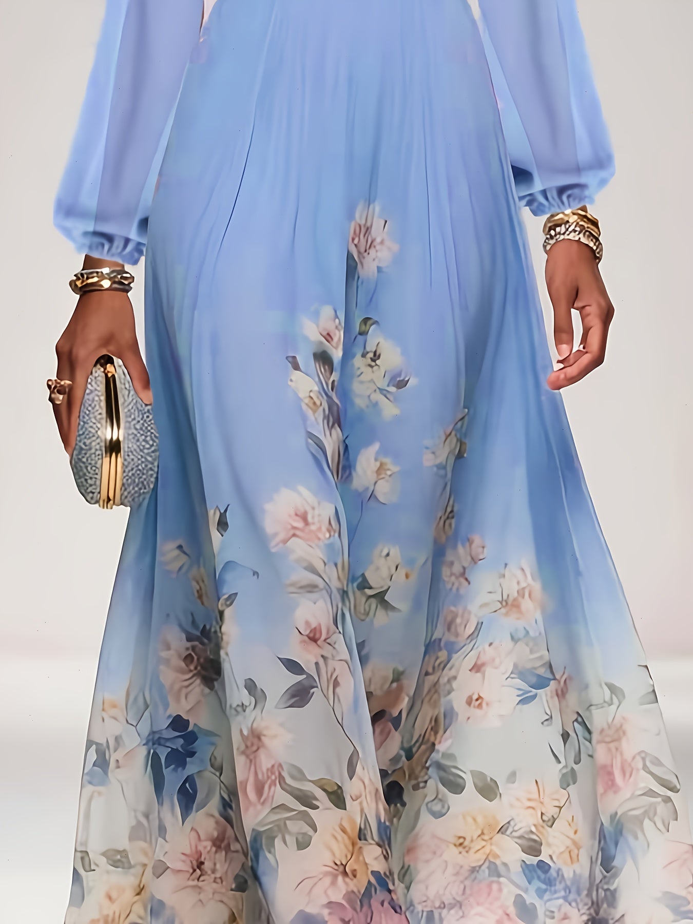 [Bohemian Floral Print Dress] Lightweight Flowy Bohemian Floral Print V-Neck Long Sleeve Dress - Machine Washable Soft Fabric for Spring Summer Fall Casual & Formal Events, Elegant Style