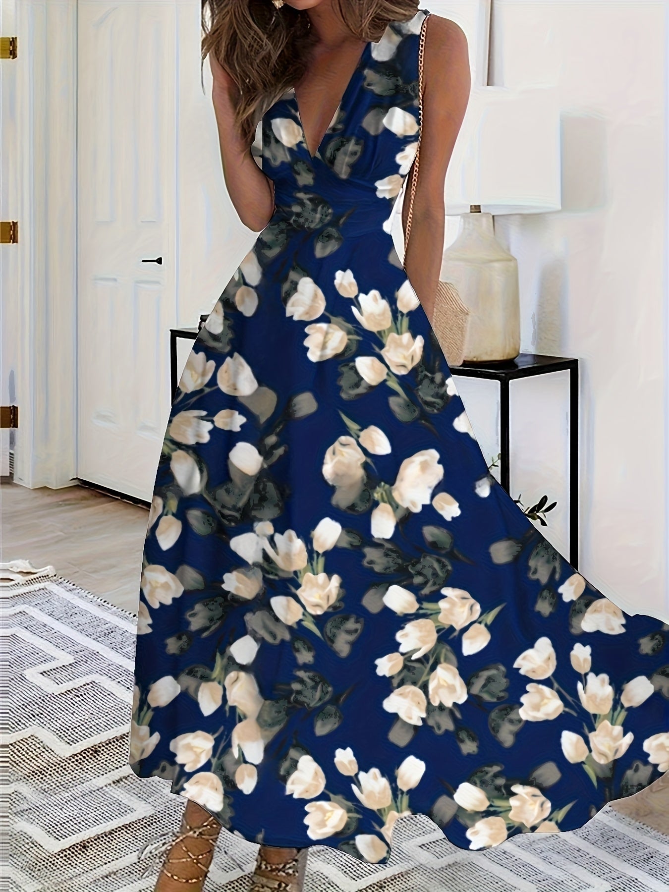 [Elegant Dress] Elegant V-Neck Sleeveless A-Line Dress | Women's Floral Print Semi-Sheer Lightweight Fabric, Breathable & Versatile for All Seasons, Casual to Formal Occasions, Allseason Attire, Medium Elasticity Fabric