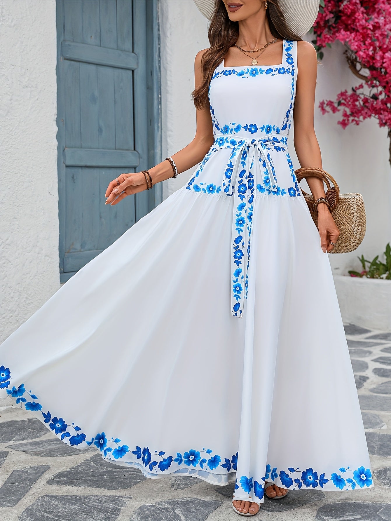 Elegant Floral Print Maxi Dress for Women - Sleeveless A-Line Summer Dress with Back Tie, Blue Floral Pattern, Polyester, Perfect for Casual or Formal Occasions, Floral Dres