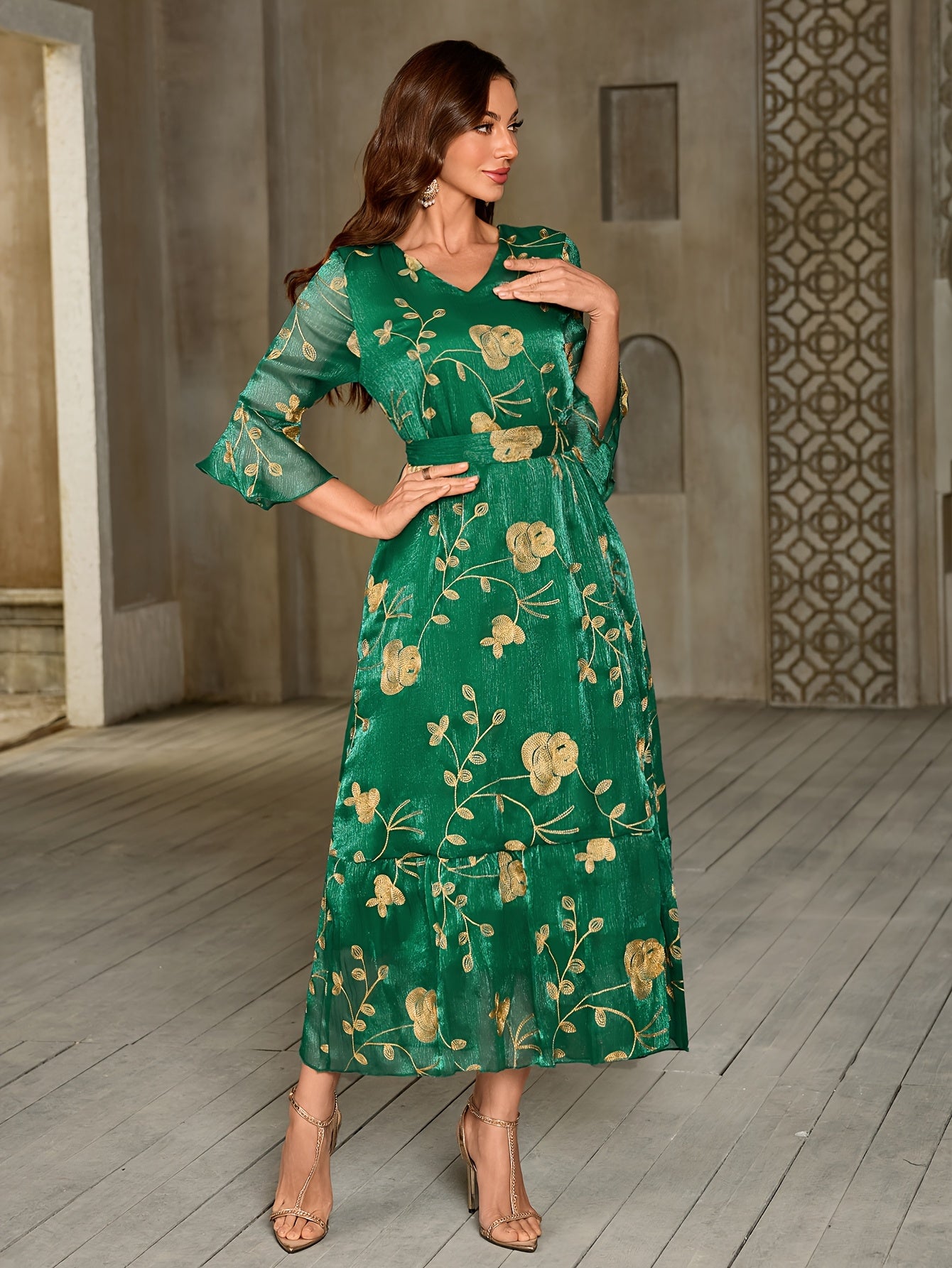 Elegant Green Floral Maxi Dress with Ruffle Sleeves and Belted Waist - V-Neck, Long Sleeve, Flowy A-Line Silhouette, Perfect for Spring/Summer/Fall, Adult Women'S Fashion, Floral Dress