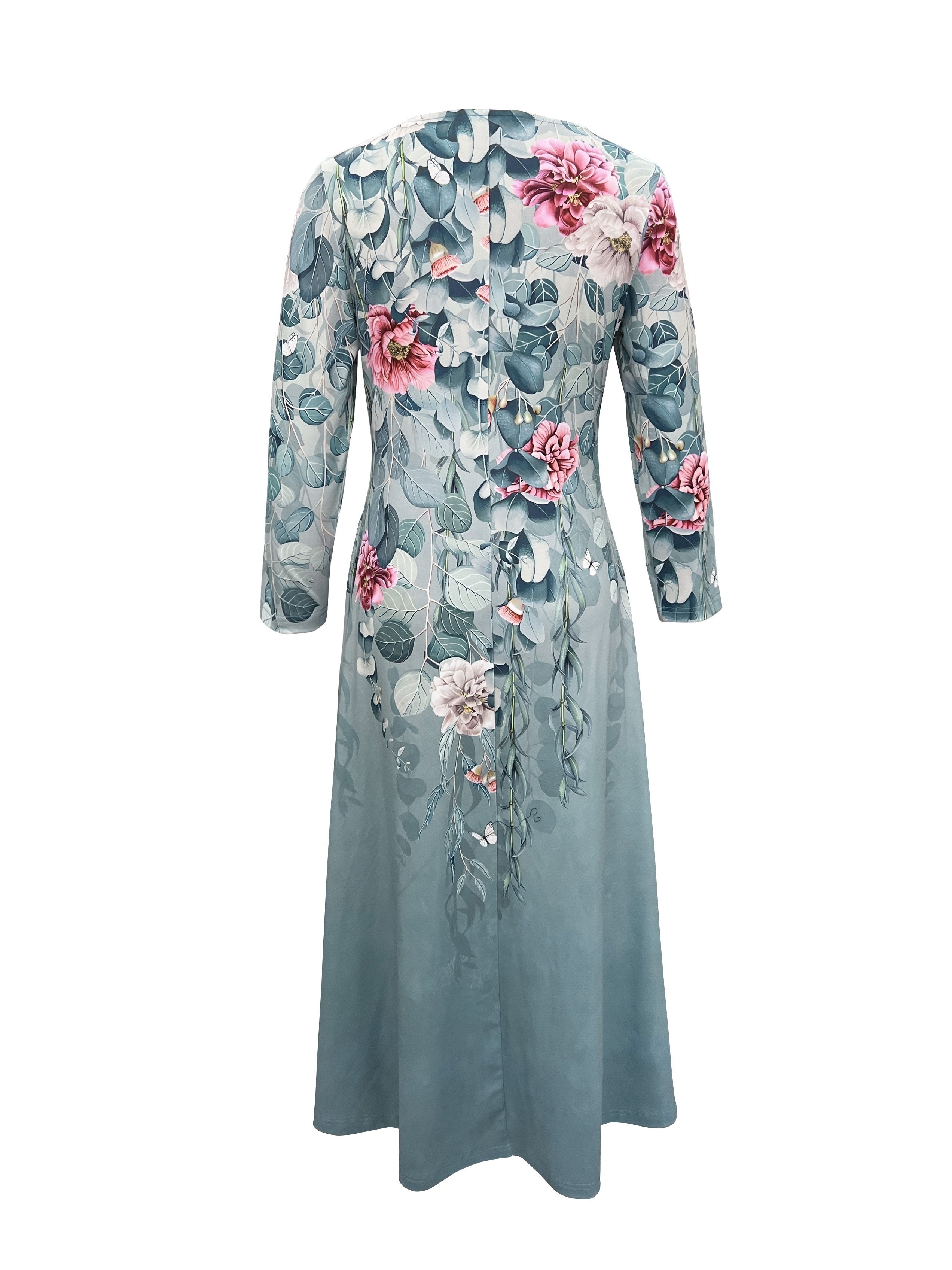 [Elegant A-Line Dress] Elegant Floral Print A-Line Dress | Women's Soft Blue & Pink Botanical Pattern, Round Neck, Machine Washable, All-Season Comfort for Casual & Formal Occasions, Medium Elasticity Fabric, Versatile Outfit, Comfortable Material