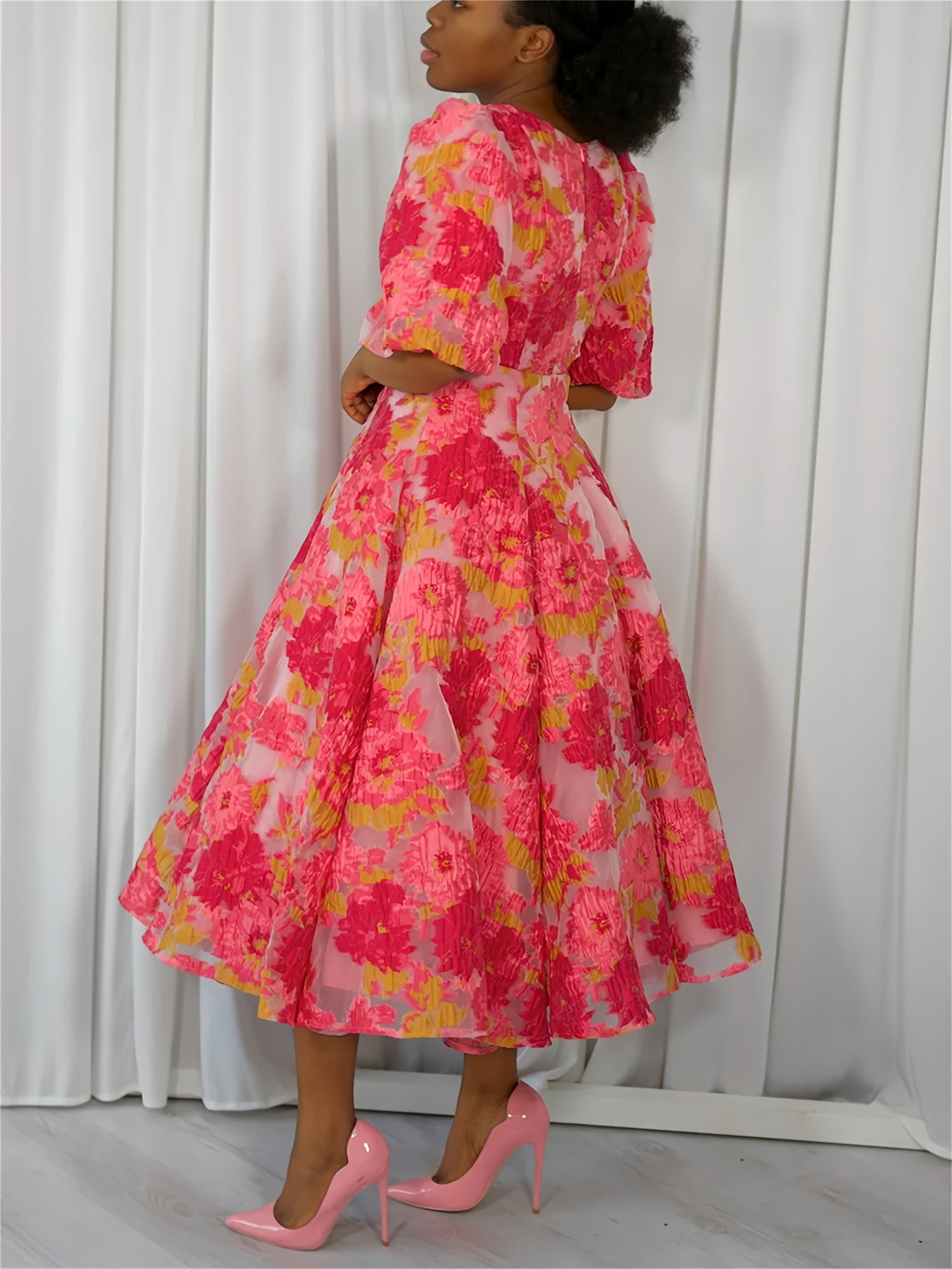 GLOURI Luxury Pink Floral Organza Jacquard Midi Dress - Romantic V-Neck Puff Short Sleeve Gown with A-Line Hem & Lining, Wedding Guest Dress for Garden Parties/Spring Galas (Opulent Floral Pattern), Floral Dress, Spring Gala Attire, Sophisticated