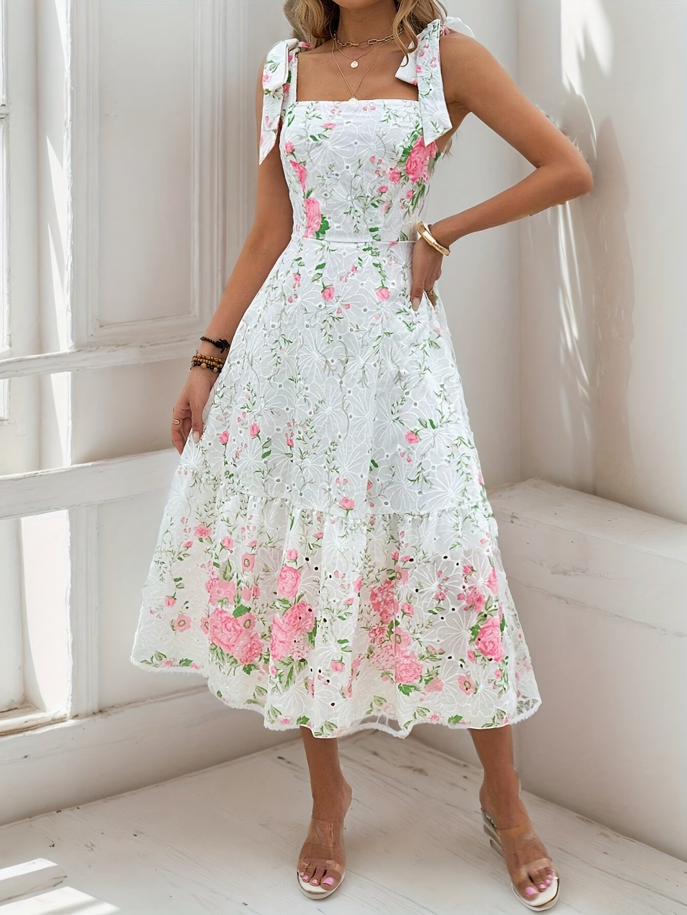 [Elegant Maxi Dress] Lightweight Polyester Elegant Floral Print Sleeveless Maxi Dress for Women | Vacation Style with Delicate Lace Detailing, Perfect for Spring/Summer