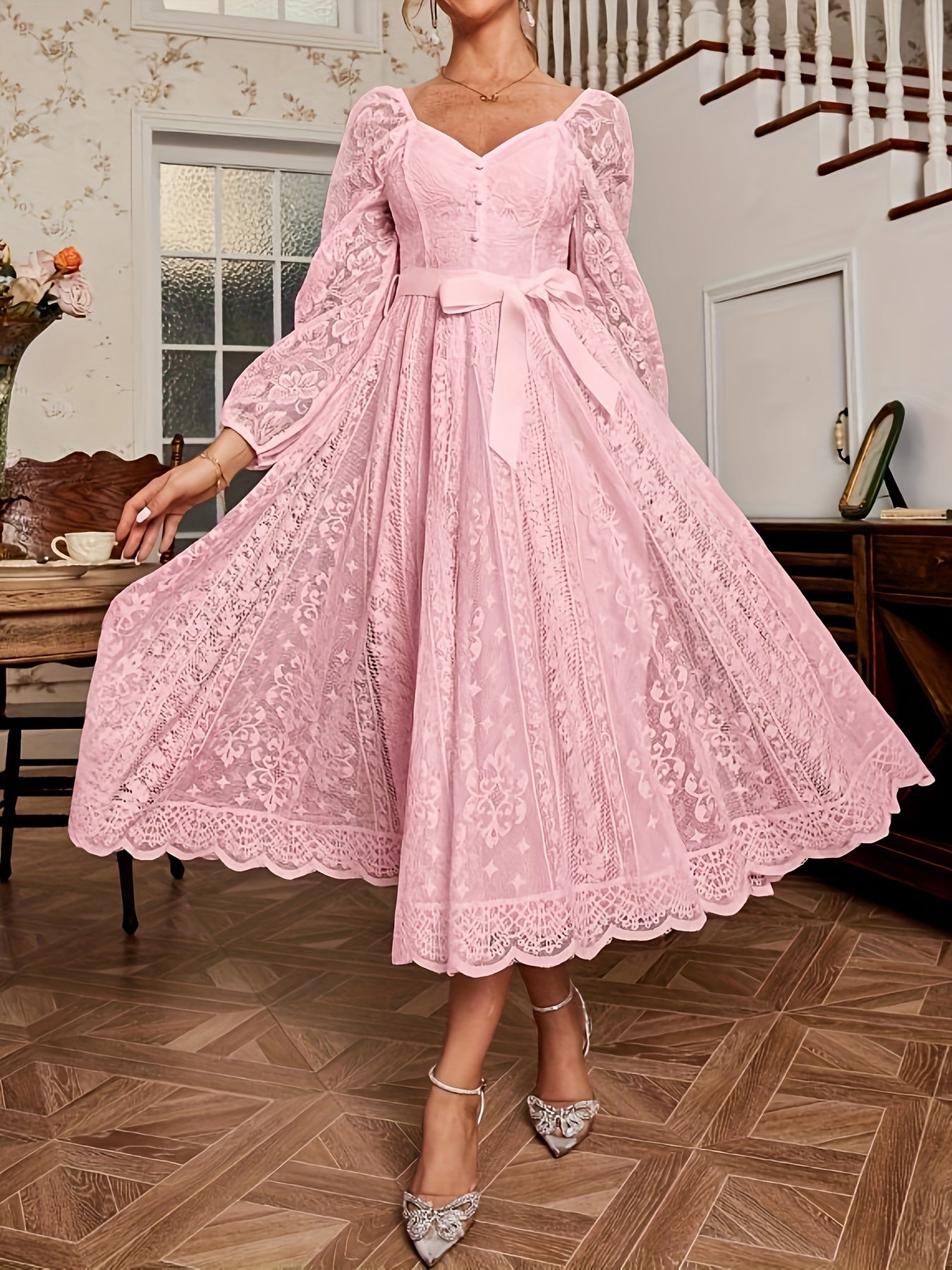 [Elegant Dress] Elegant Lace Sleeve Belted Dress | Women's Fitted Solid Color Machine Washable All-Season Versatile for Casual & Formal Occasions, Wedding Guest Attire, Sophisticated Detailing