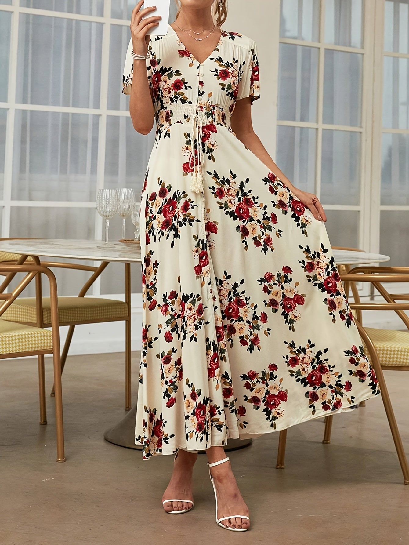 Bohemian Floral Print Maxi Dress for Women - Elegant V-Neck, Short Sleeve, A-Line Silhouette, Lightweight Viscose, Perfect for Spring & Summer Casual Wear, Floral Maxi Dress