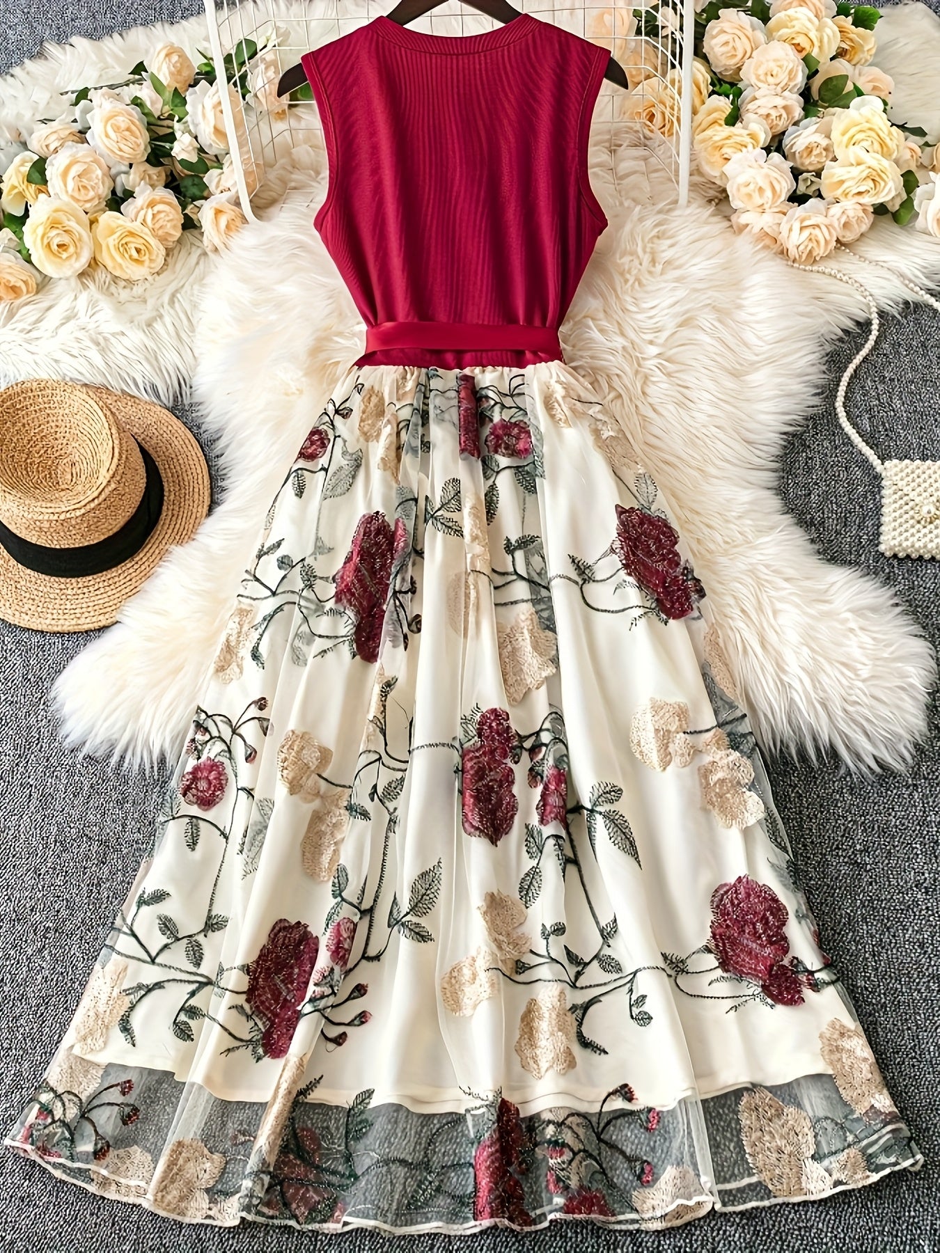 Elegant Red and White Floral Dress with Mesh Panels - Sleeveless, Peplum Waist, Ribbon Accent, Perfect for Holiday and Spring/Summer Outings, Holiday Dress | Floral Print Dress | Embroidered Detail, Floral Print Dress