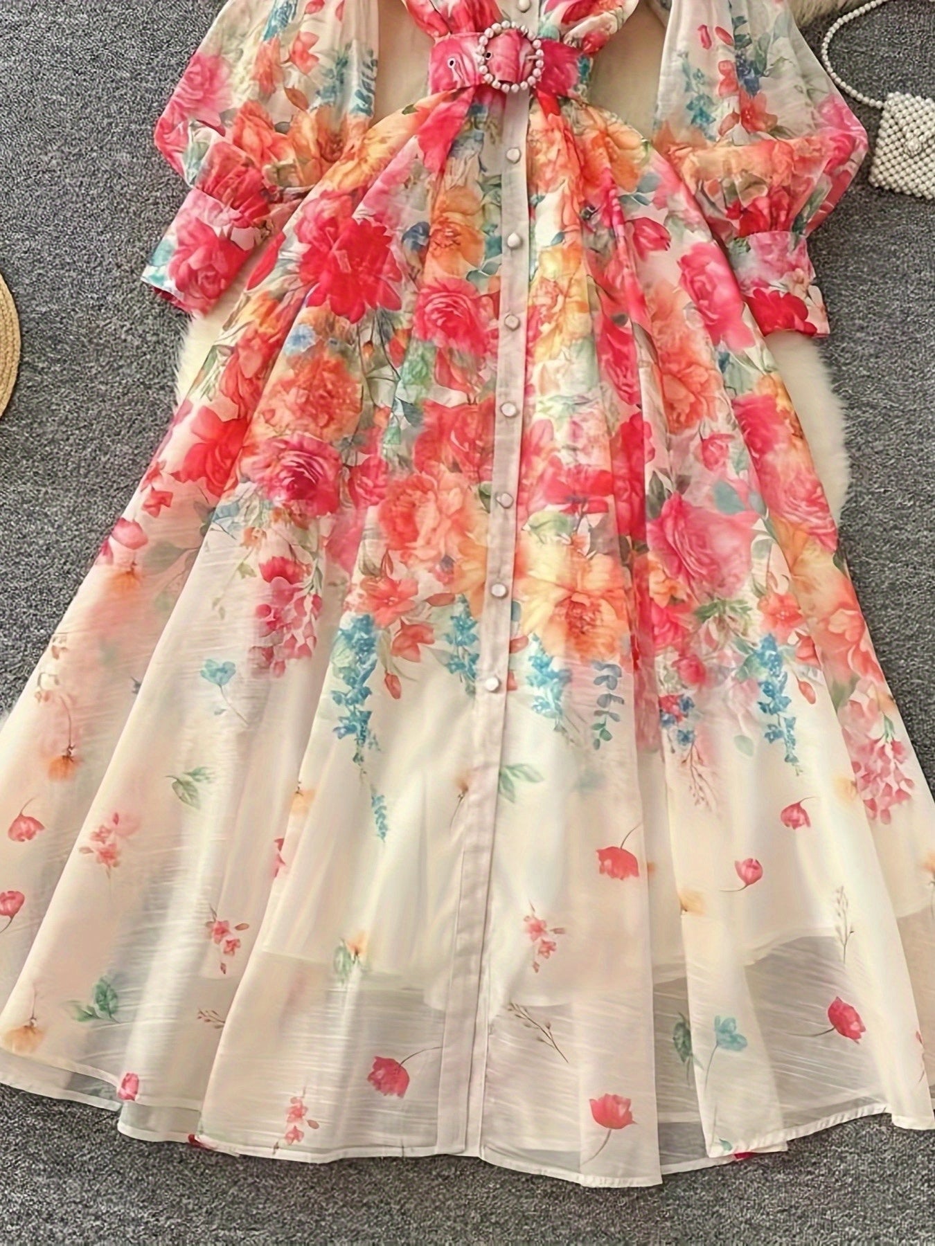 [Floral Maxi Dress] Elegant Floral Print Maxi Dress for Women | Asymmetric Floral Print, Long Flowy A-Line Formal/Party/Everyday Dress in Pastel Pink, Orange, Blue, Green, Yellow, White - Machine Washable Non-Stretchy Fabric for Weddings, Garden Parties,