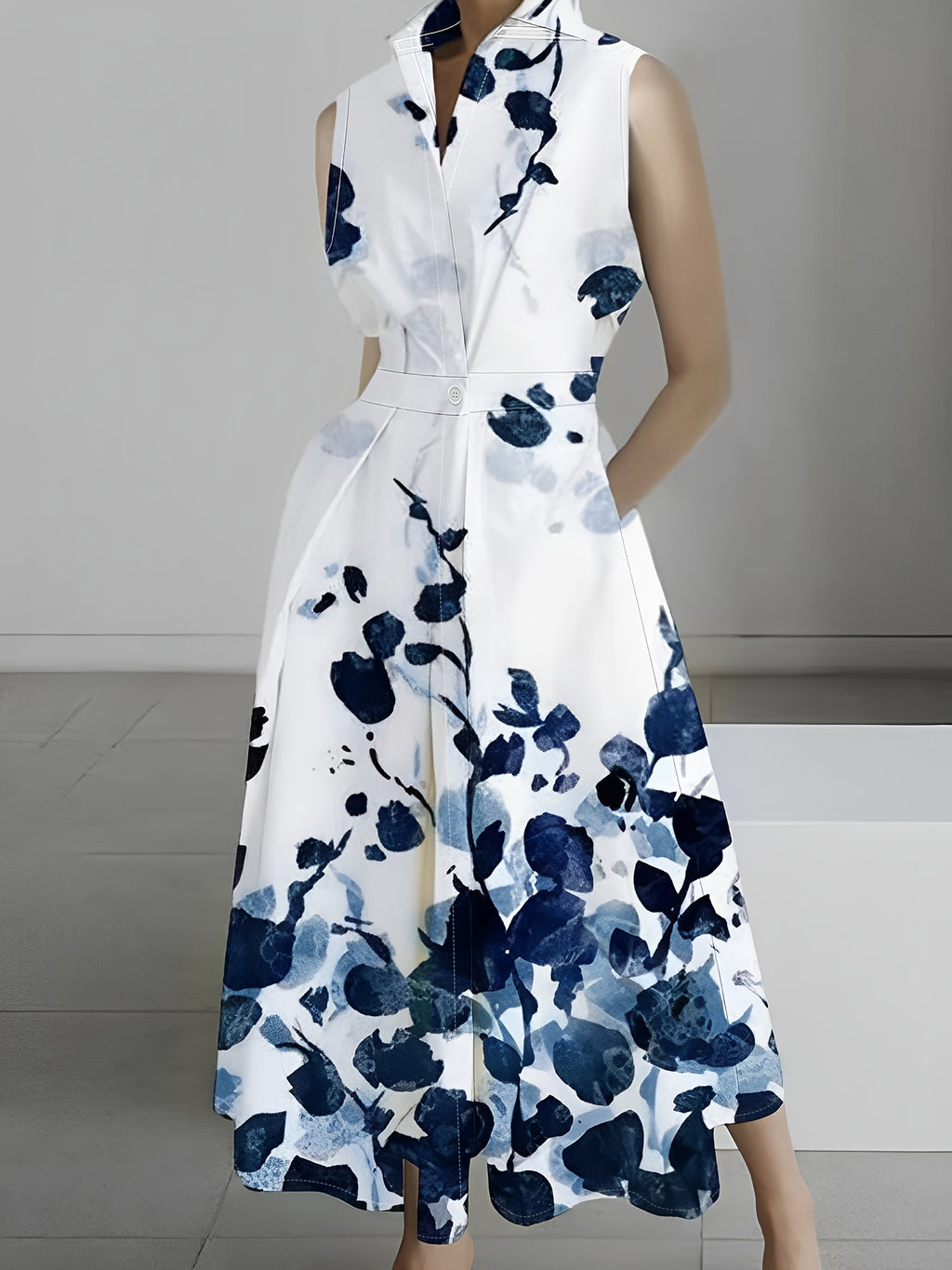 Elegant Sleeveless Floral Print Shirt Dress with Pockets - Chic A-Line Midi Dress for Women, White with Blue & Black Floral Design, V-Neck, Button-Up Front, Perfect for Casual or Office Wear, Cute Dress