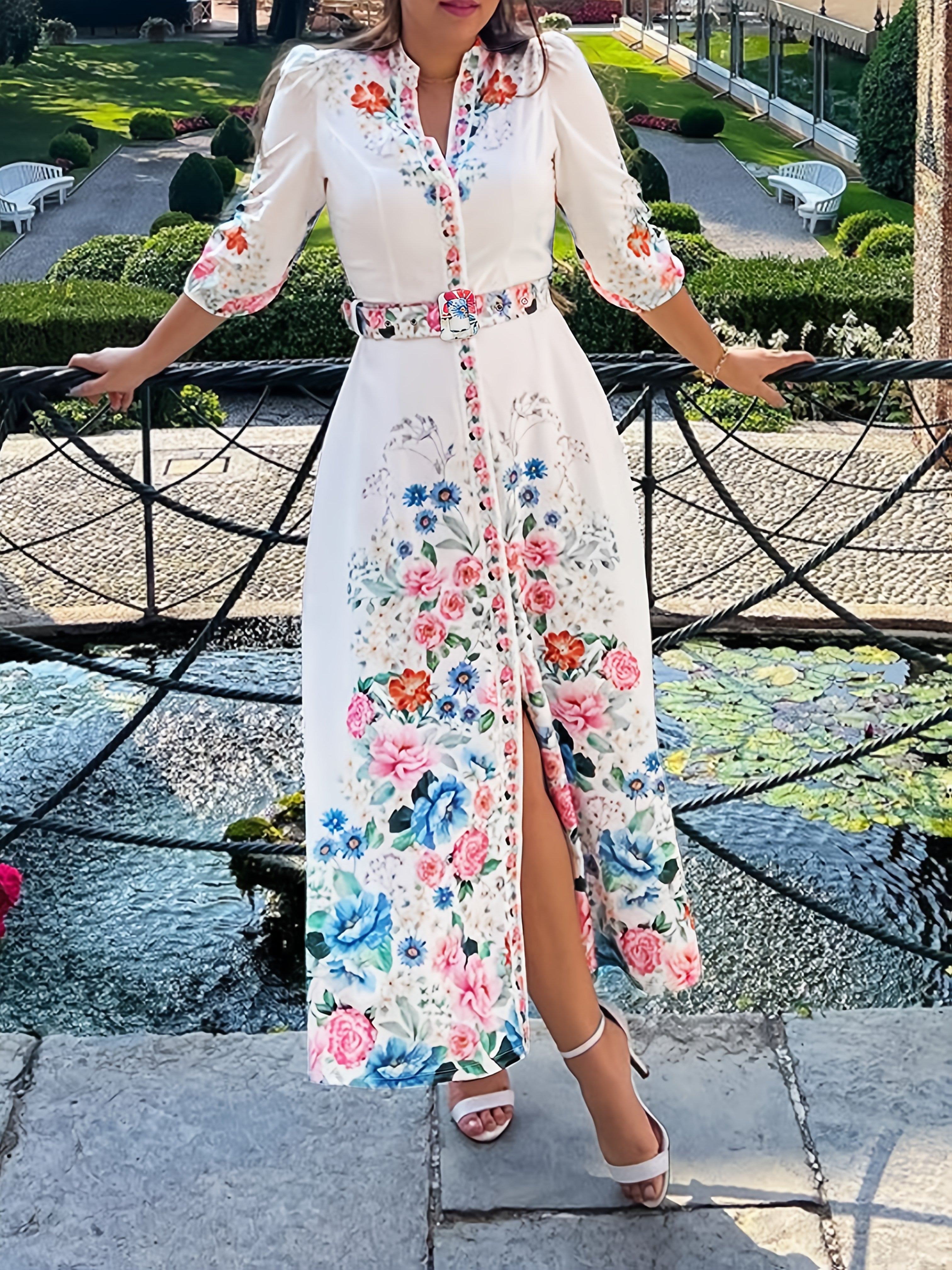 Women's Floral Print maxi Dress - Elegant Long Formal & Casual Dresses with Floral Belt, Flared Skirt, Non-Stretchy Fabric, Machine Washable Women's Clothing for Parties, Office, Everyday Outfits, Cute Dresses, Party Attire, Fitted Design