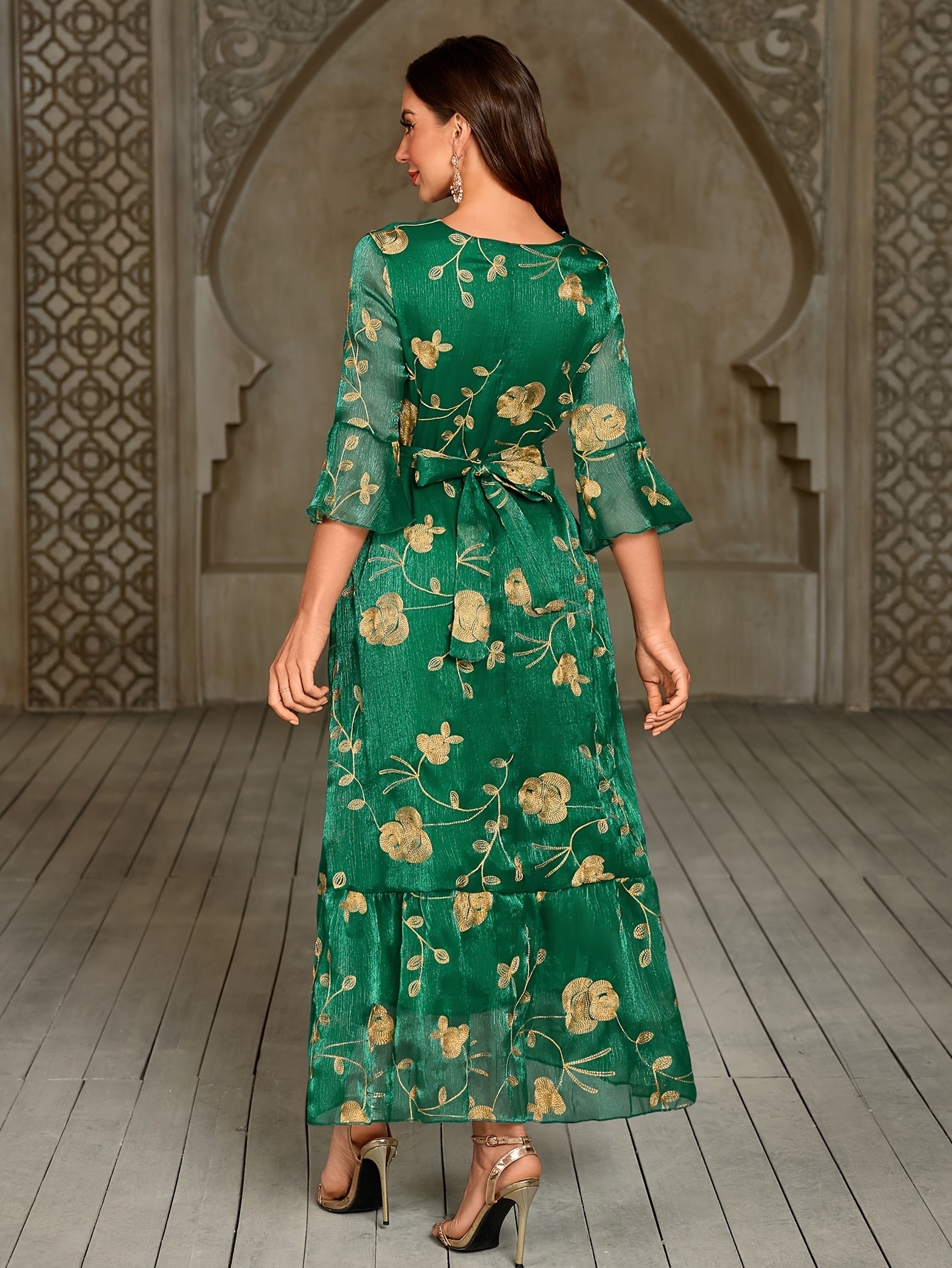 Elegant Green Floral Maxi Dress with Ruffle Sleeves and Belted Waist - V-Neck, Long Sleeve, Flowy A-Line Silhouette, Perfect for Spring/Summer/Fall, Adult Women'S Fashion, Floral Dress