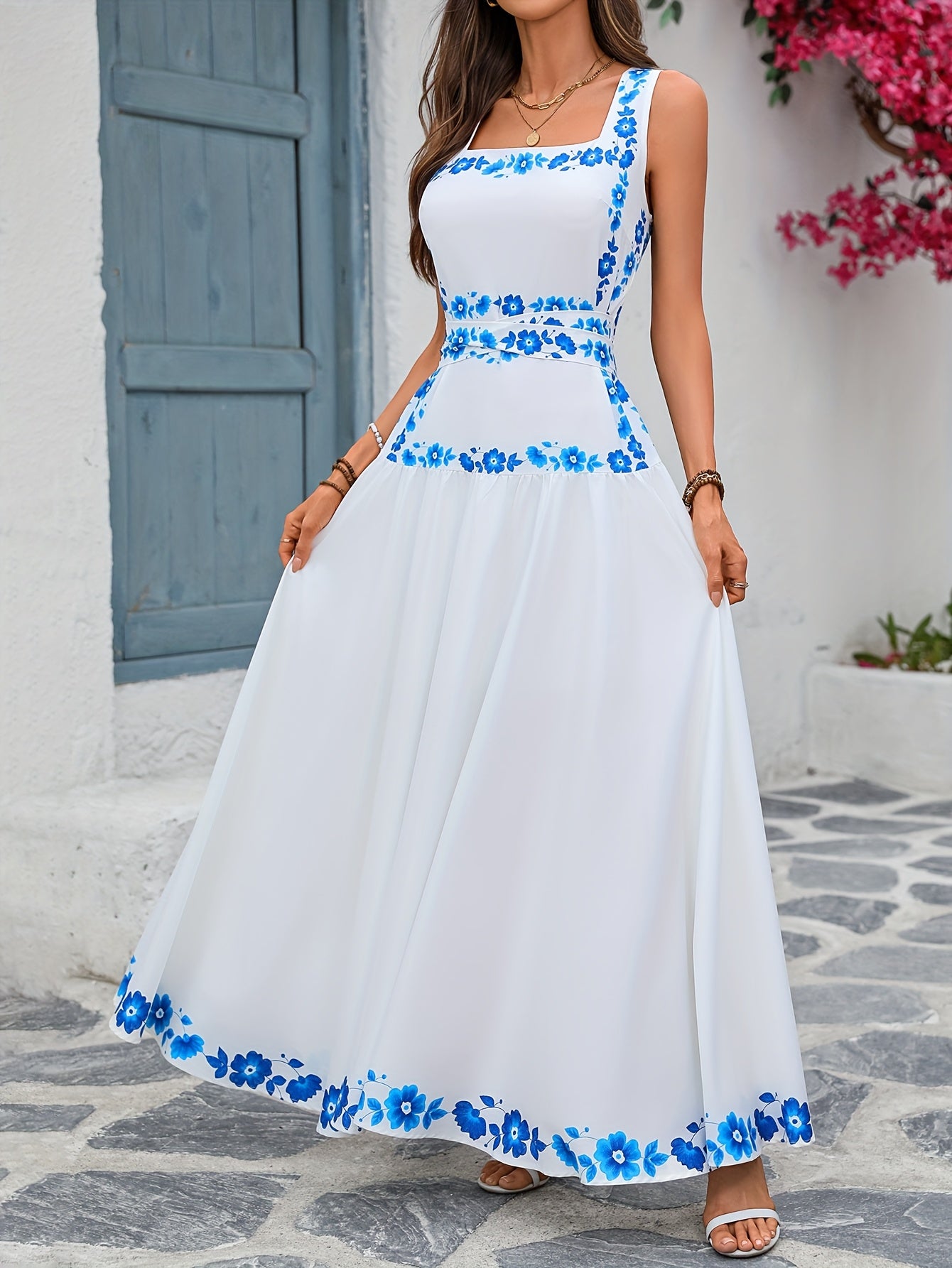 Elegant Floral Print Maxi Dress for Women - Sleeveless A-Line Summer Dress with Back Tie, Blue Floral Pattern, Polyester, Perfect for Casual or Formal Occasions, Floral Dres